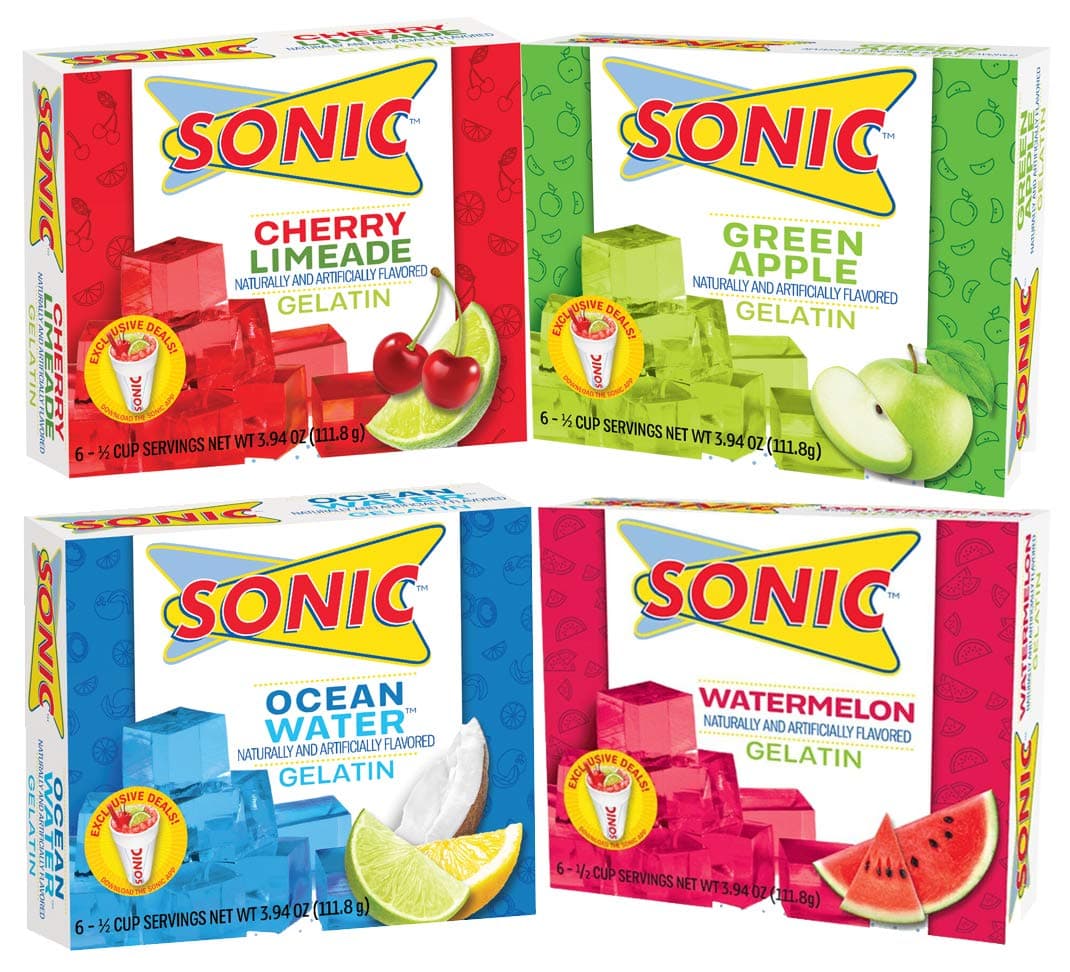 Sonic Gelatin Green Apple, Watermelon, Ocean Wave, Cherry Limeade 3.94oz Pack of 4