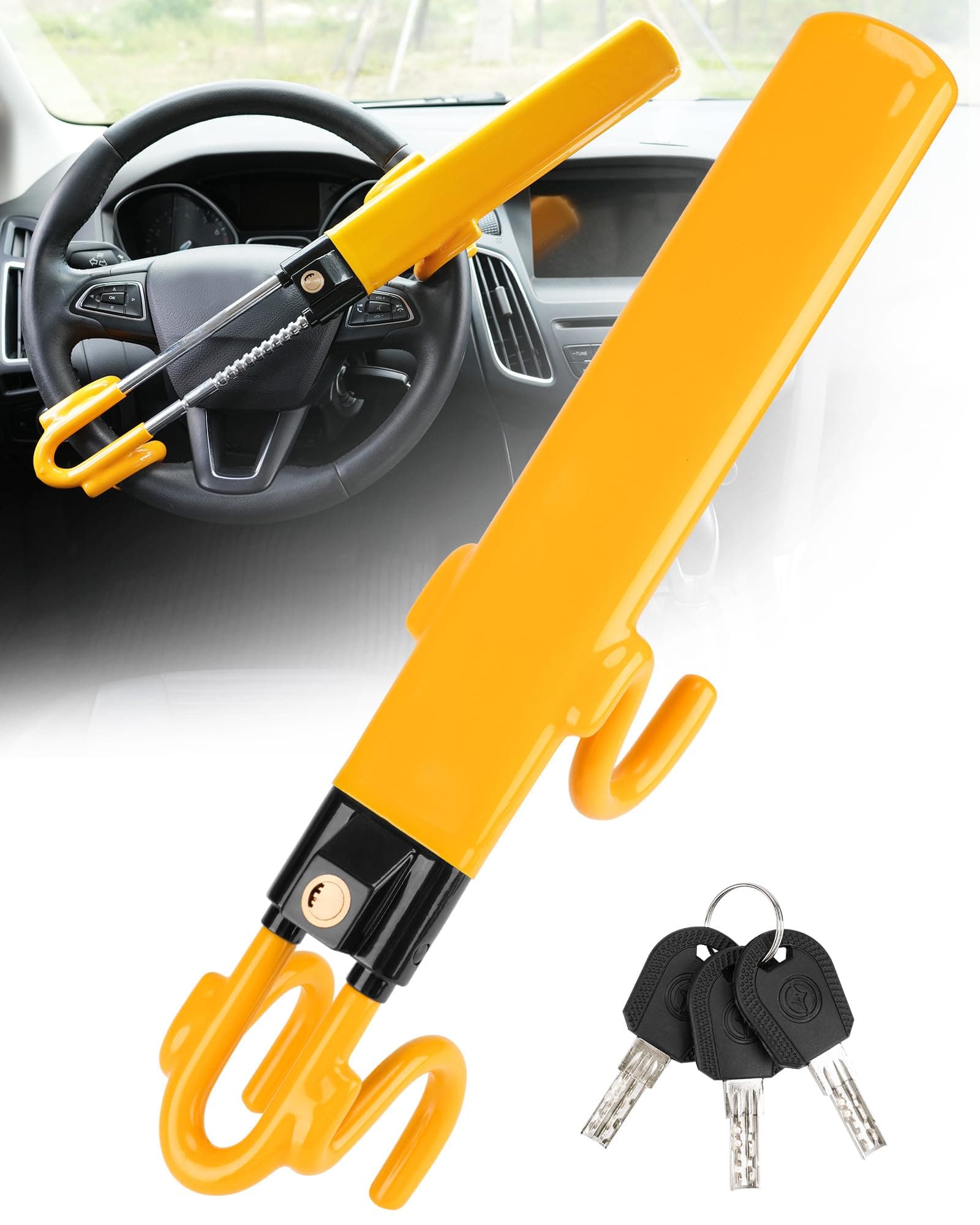 Tevlaphee Steering Wheel Lock Twin Bar, Steering Lock, Car Anti-Theft Device, High Visibility, Heavy Duty, Universal Fit, Adjustable Length,3 Keys(Yellow)