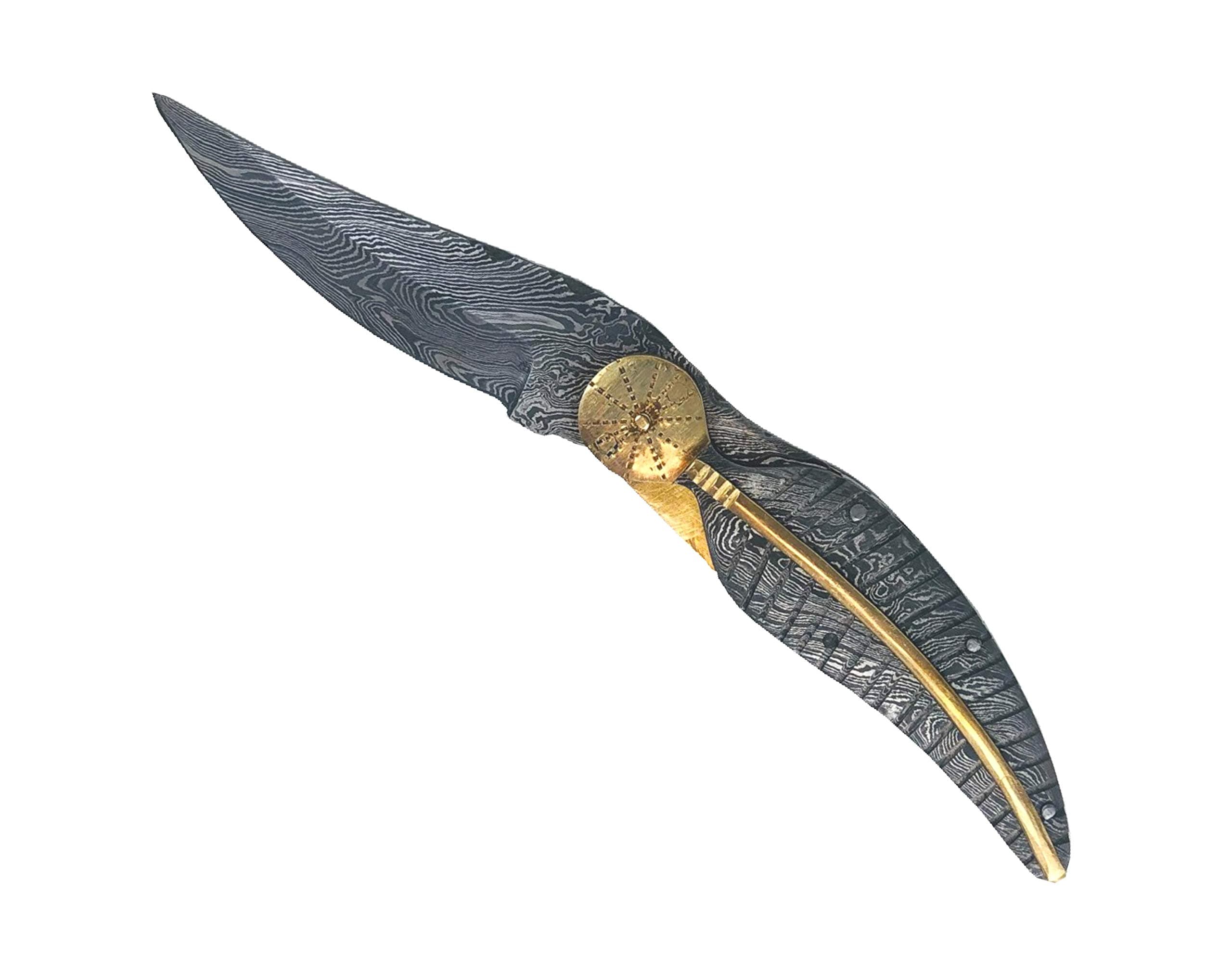 - Handmade Damascus Steel Pocket Knife - Folding Knive - Damascus Blade and Handle with Brass Fitting Leather Sheath Included Hunting Outdoor Camping (Leaf Style Handle)