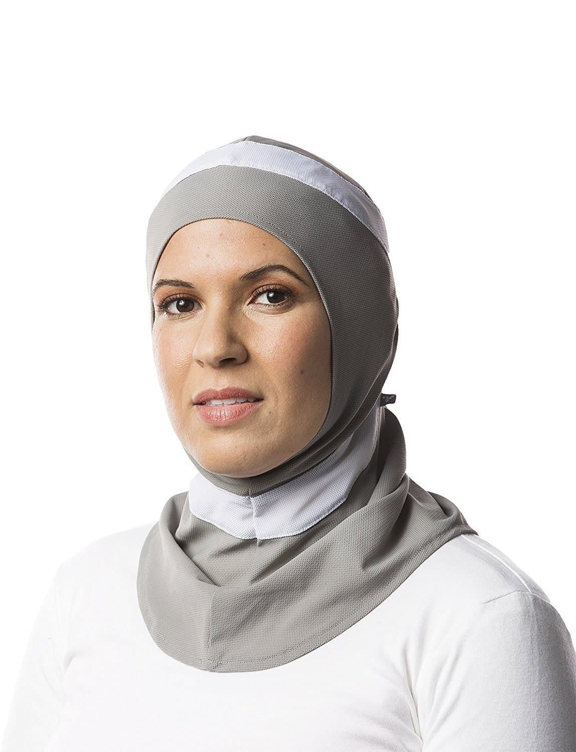 Capsters Sports Cap Runner Grey White Modest Pinless 1 Piece Stretch Pull On or Under Head Scarf Running Yoga Dance Soccer Basketball Hockey