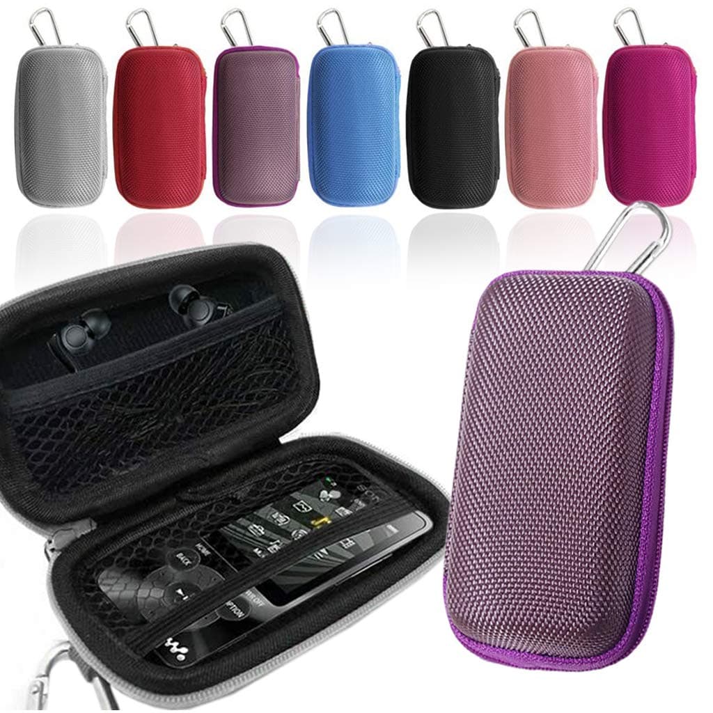 GUPi Tough Durable Purple MP3 Player Case, Hard Clamshell Case, Earphone Case, Holder with Carabiner Clip for Sony Walkman NW-E394 with FM Radio MP3 Player
