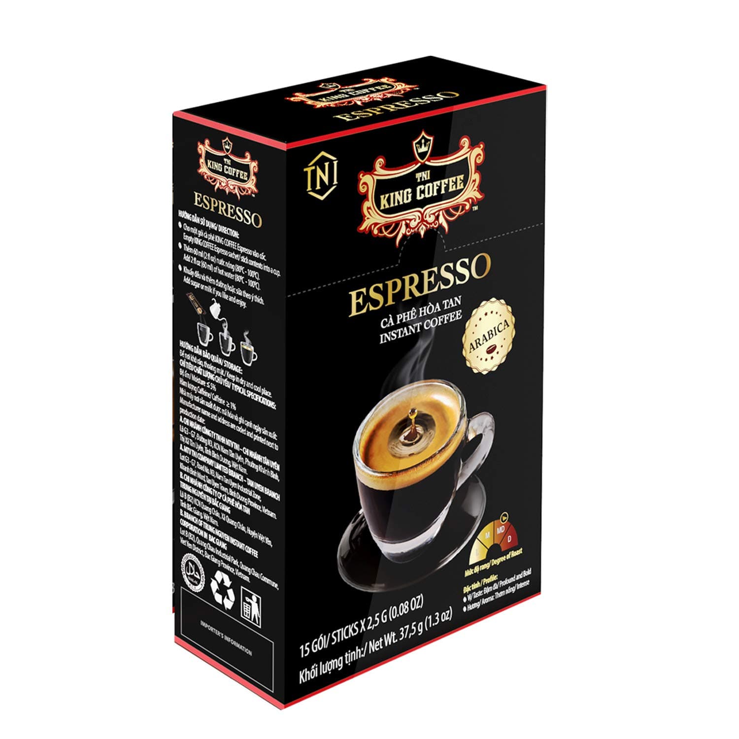 King Coffee Espresso, Vietnamese Instant Coffee Arabica, Medium Dark Roast, 15 Packets x 2.5g, Pack of 1