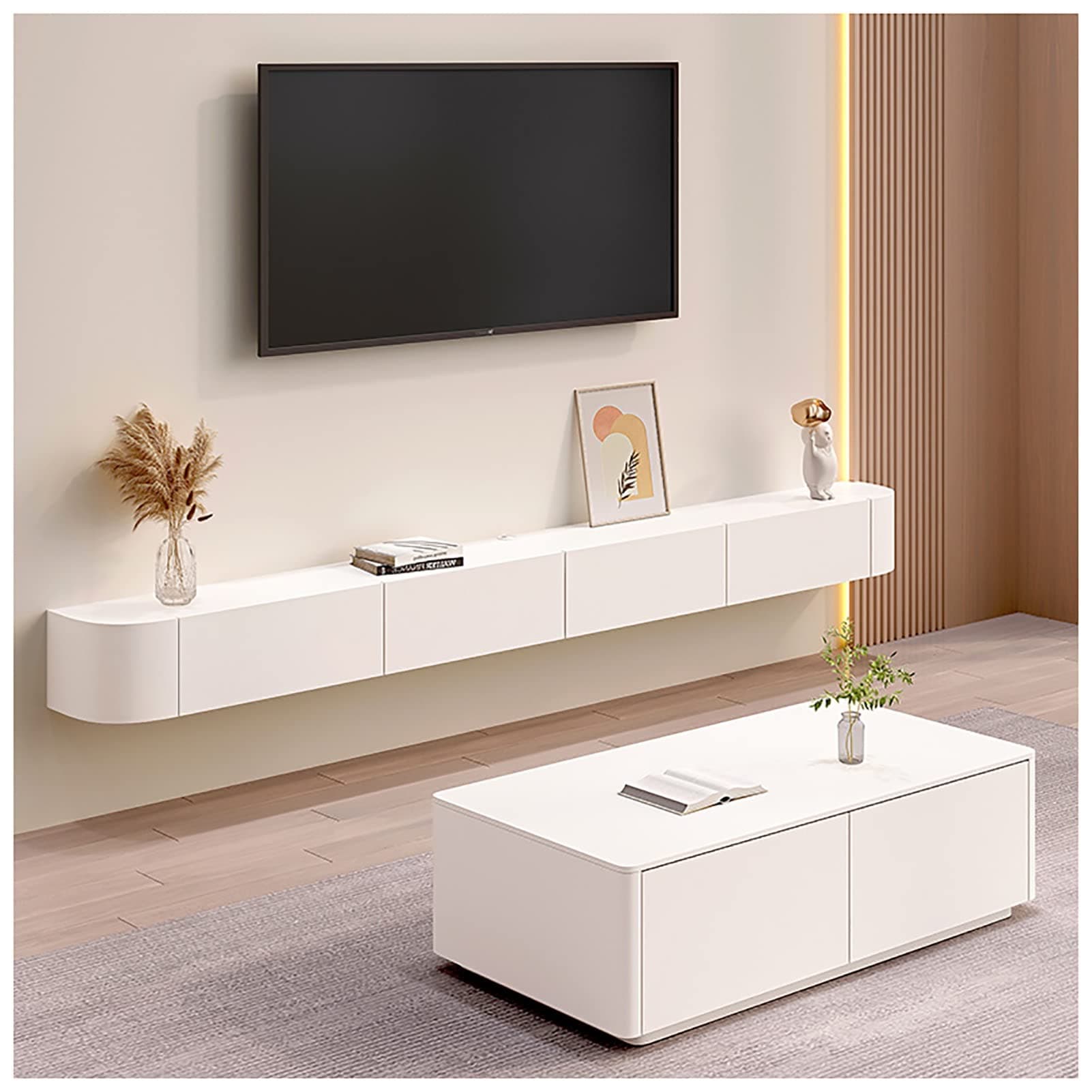 Floating TV Stand, Wall Mounted TV Cabinet, Media Console, With Cable Holes, Storage Component Shelves, For Living Room,Bedroom (Color : White-A, Size : 180cm)