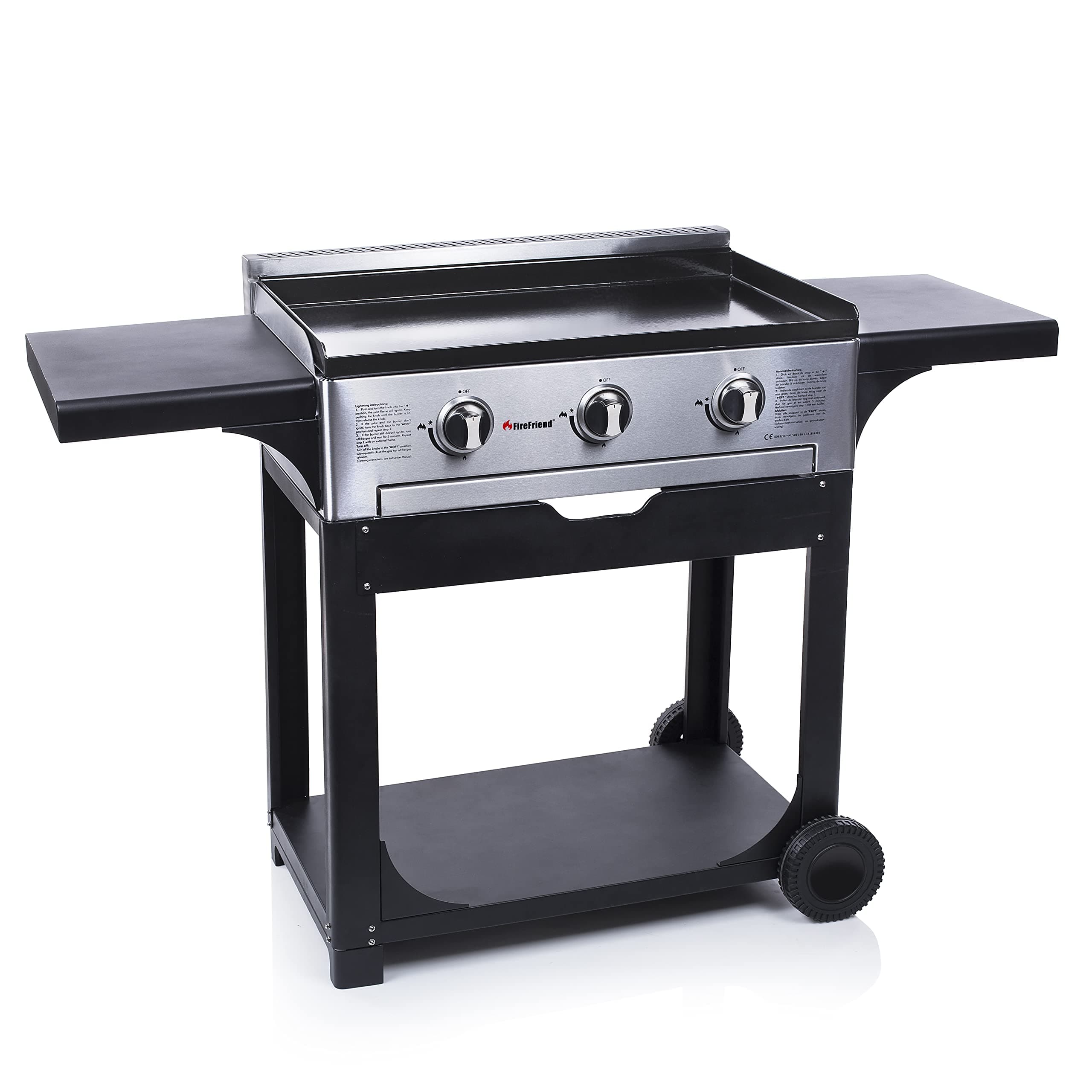 Gas BBQ Plancha with 3 Burners and Cast Iron Enamelled Baking Plate with Trolley