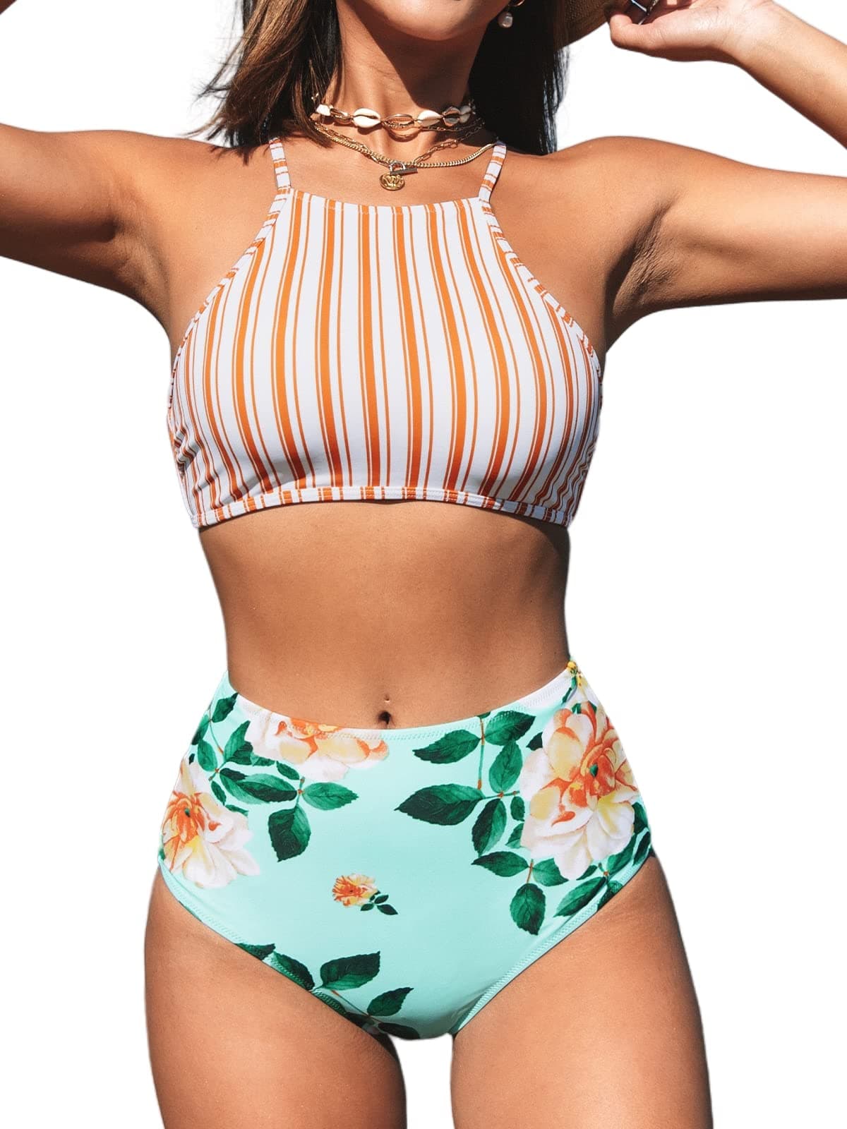 SEASELFIE Women's Two Piece High Neck Bikinis Swimsuits Modest Crop Top Bathing Suits for Teens