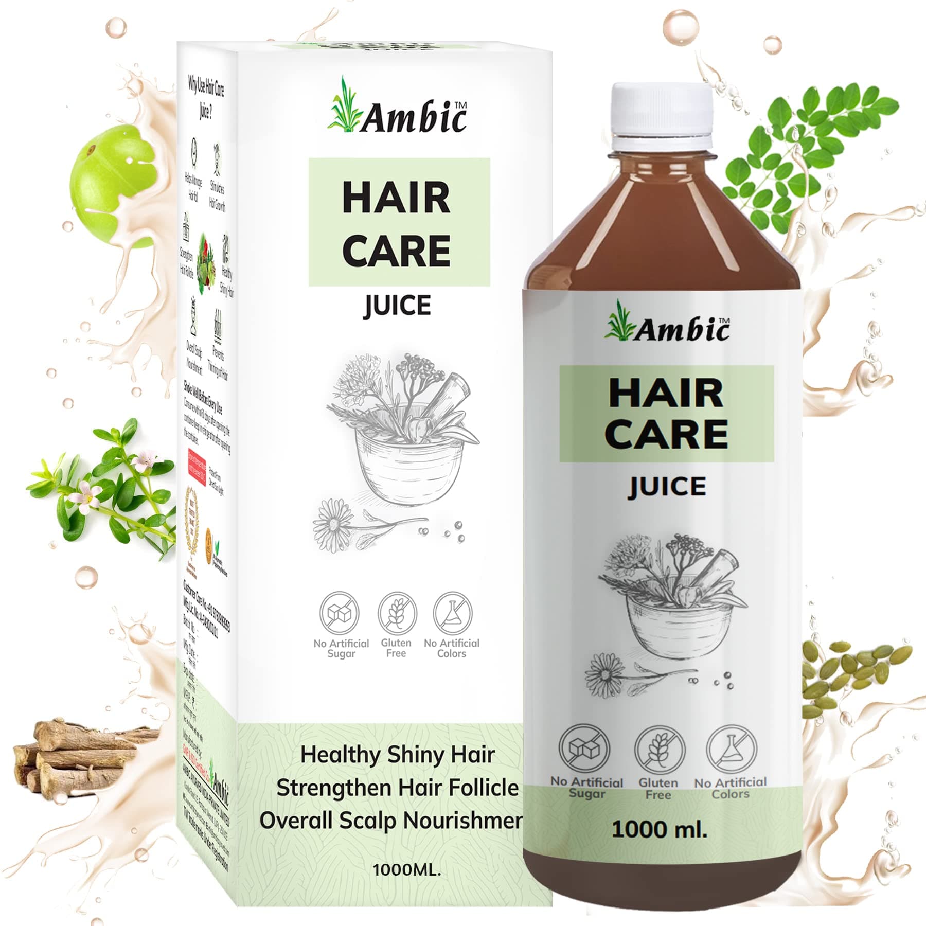 AMBIC HAIR CARE Juice - 1L I For Hair Growth & Hair Fall Control with Sesbania, Amla, Bhringraj & Natural DHT Blocker I Ayurvedic Biotin Supplement for Healthy & Strong Hair