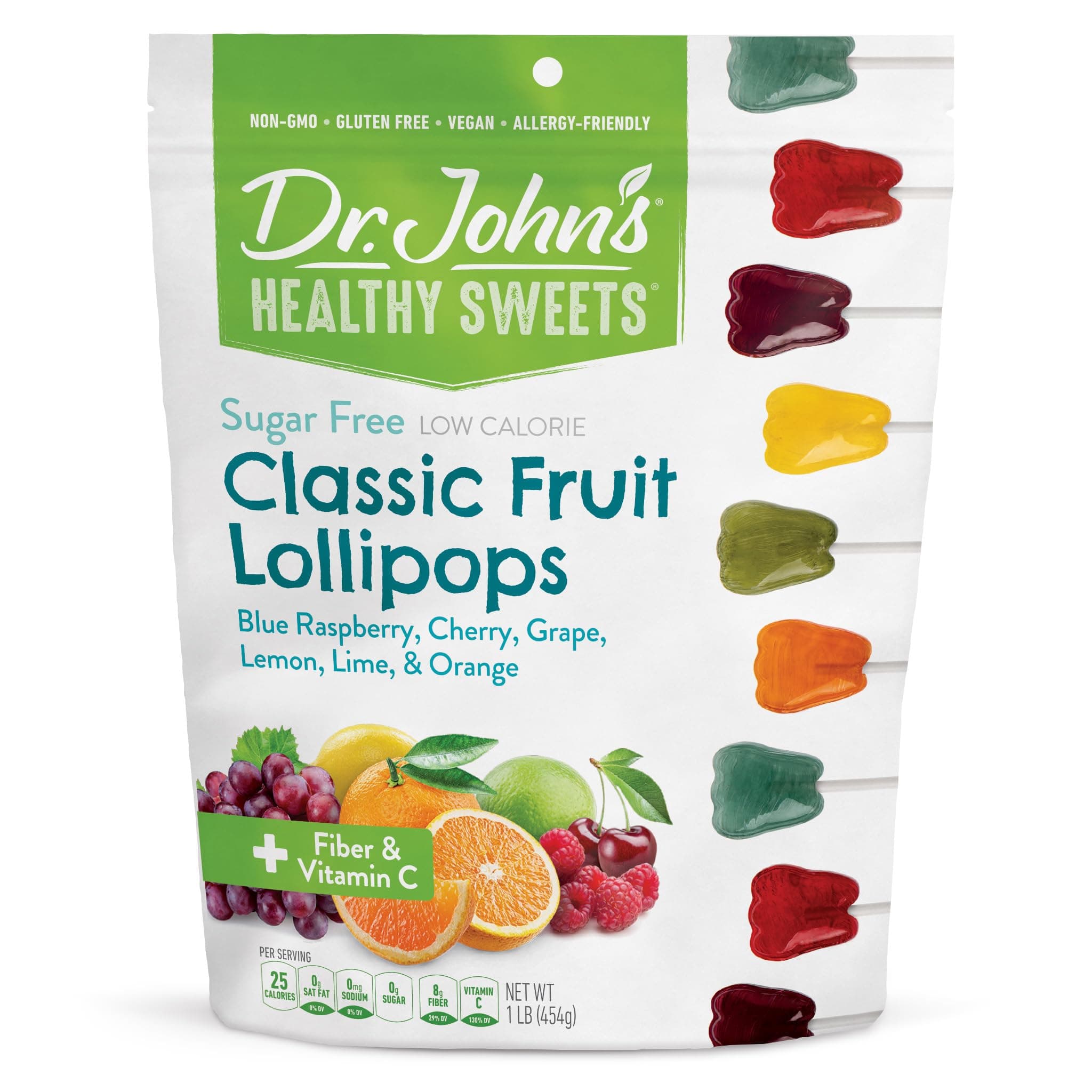 Dr. John’s Sugar Free Candy, Healthy Lollipops with Zero Sugar, Low Calorie Snacks, Keto Friendly Hard Candy Sweets, Classic Fruit Tooth, 60 Count, 1 LB