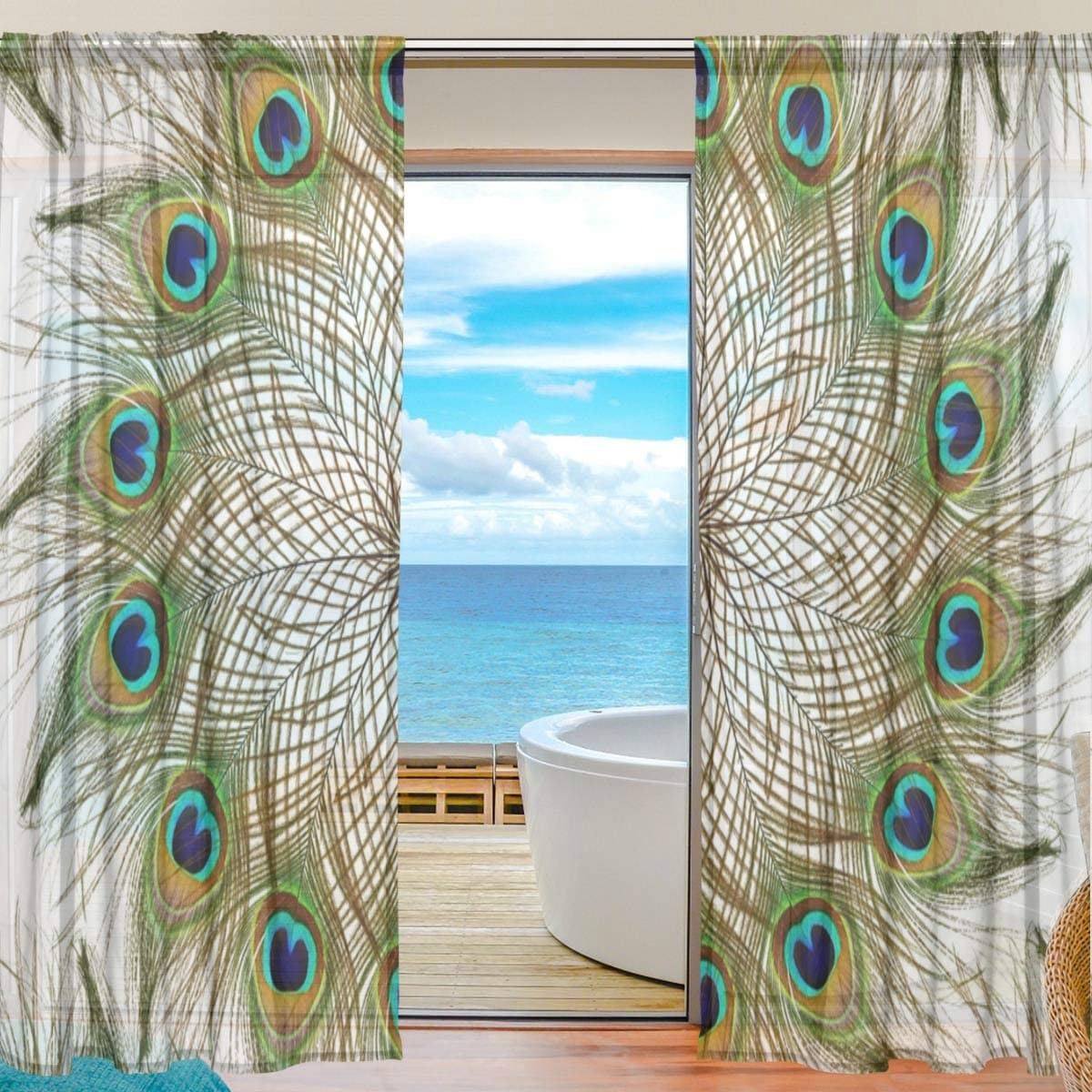 Sheer Curtain Floral Peacock Feathers Tribal Ethnic Voile Tulle Window Curtains,2 Panels Set for Home Kitchen Bedroom Living Room,55 W X 84 L Inches