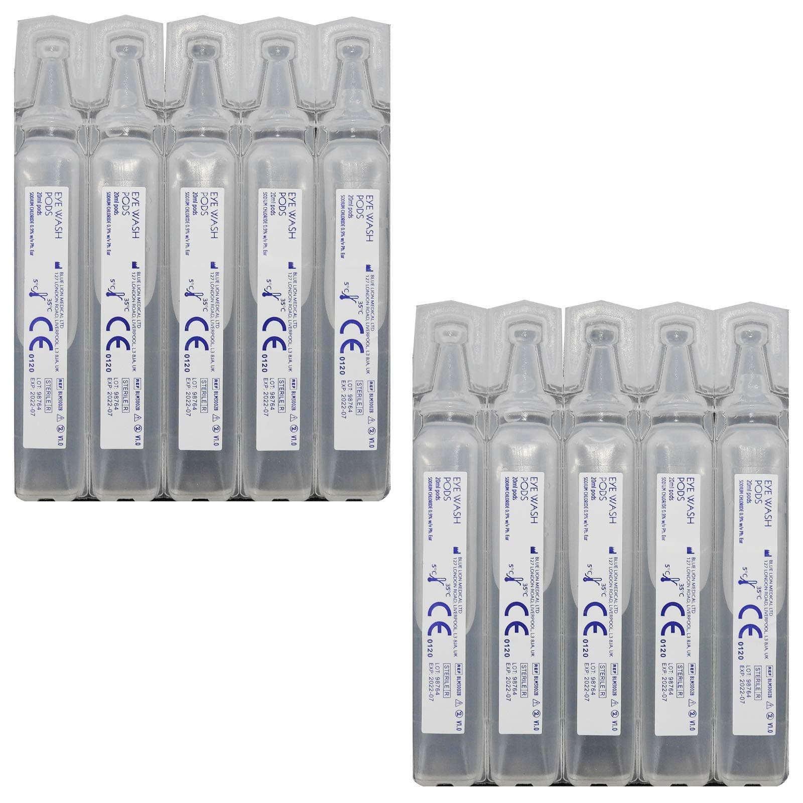 Blue Lion Sterile Saline Solution Eye Wash 20ml Cleansing Cleaning Medical Pods - 10 Pod Pack