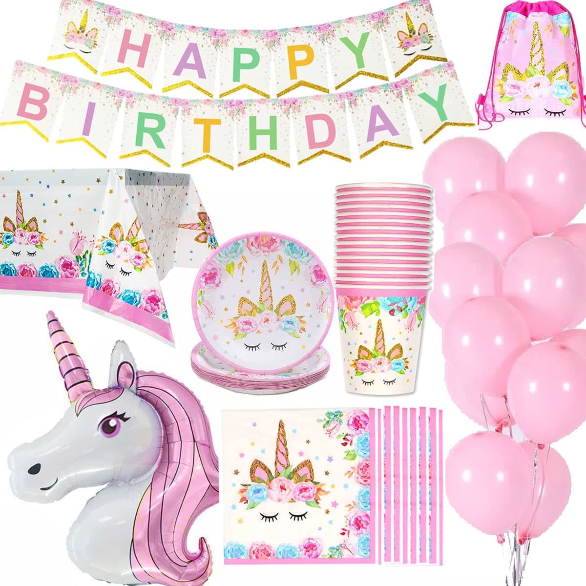 Jolily Unicorn Birthday Decorations Pack Supplies Tableware for 16 Guests, 1*Table Cloth/Cover, 16*Cups, 16*Plates, 16*Napkins, 1*Happy Birthday Banner, 1*Huge Size Unicorn, 10*Pink Balloons