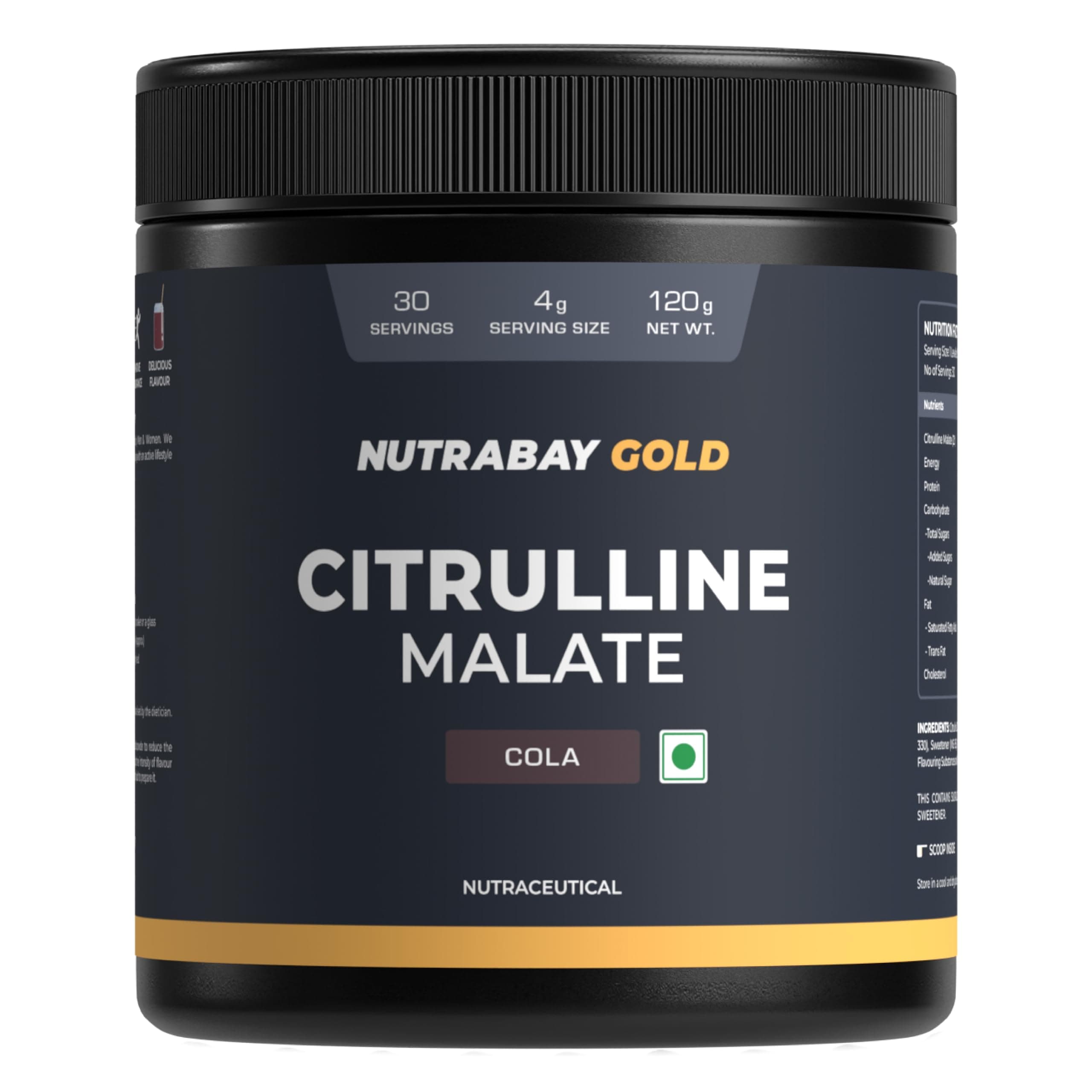 - Nutrabay Gold Citrulline Malate 2:1 Supplement Powder 120g, Cola Flavor – Boosts Nitric Oxide – Pre Workout for Muscle Pump, Improved Endurance & Recovery | Tested for Purity | No Banned Substances