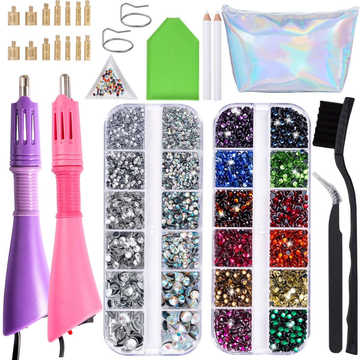 Two Hotfix Applicators with 7200 pcs Rhinestones- Flatback Hotfix Rhinestones in 14 Colors and 7 Sizes with Two Color Rhinestone Applicators in One Hotfix Applicator Kit