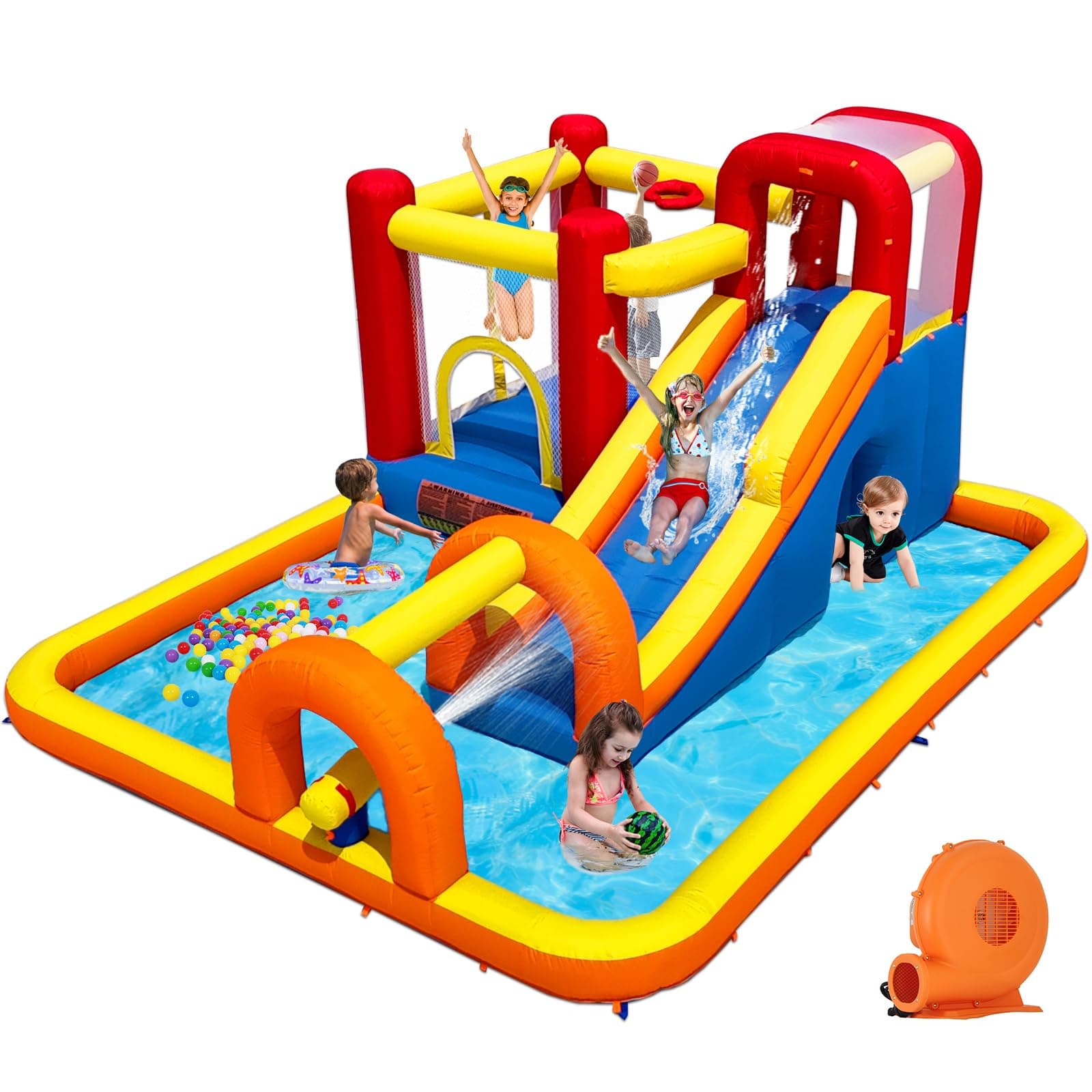 Baralir Inflatable Bounce House Water Park with Long Water Slide & Large Splash Pool Fits 5 Kids, Endless Fun of Jumping, Sliding, Climbing - Extra Cave and Tunnel Adventure and Water Cannon