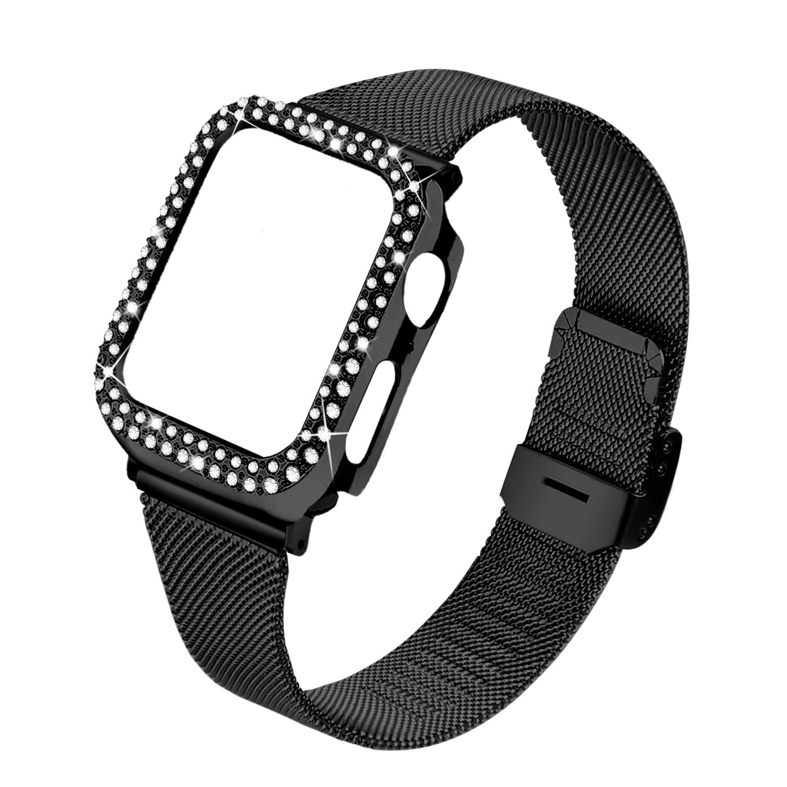 JOYOZY Stainless Steel Mesh bands Compatible For Apple Watch 40mm, Women Bling Protective Crystal Diamond Case with Loop Mesh Strap For Apple Watch Series 6/5/4/SE (No Tool Needed) (Black, 40MM)