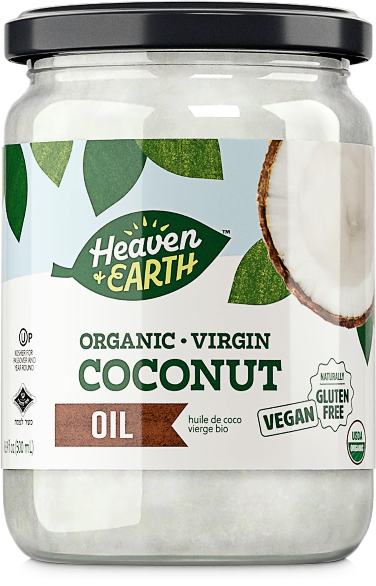 Heaven & Earth USDA Organic Unrefined Virgin Coconut Oil, 16oz | Glass Jar | Cold Pressed | Coconut Oil for Cooking, Hair & Skin | Kosher