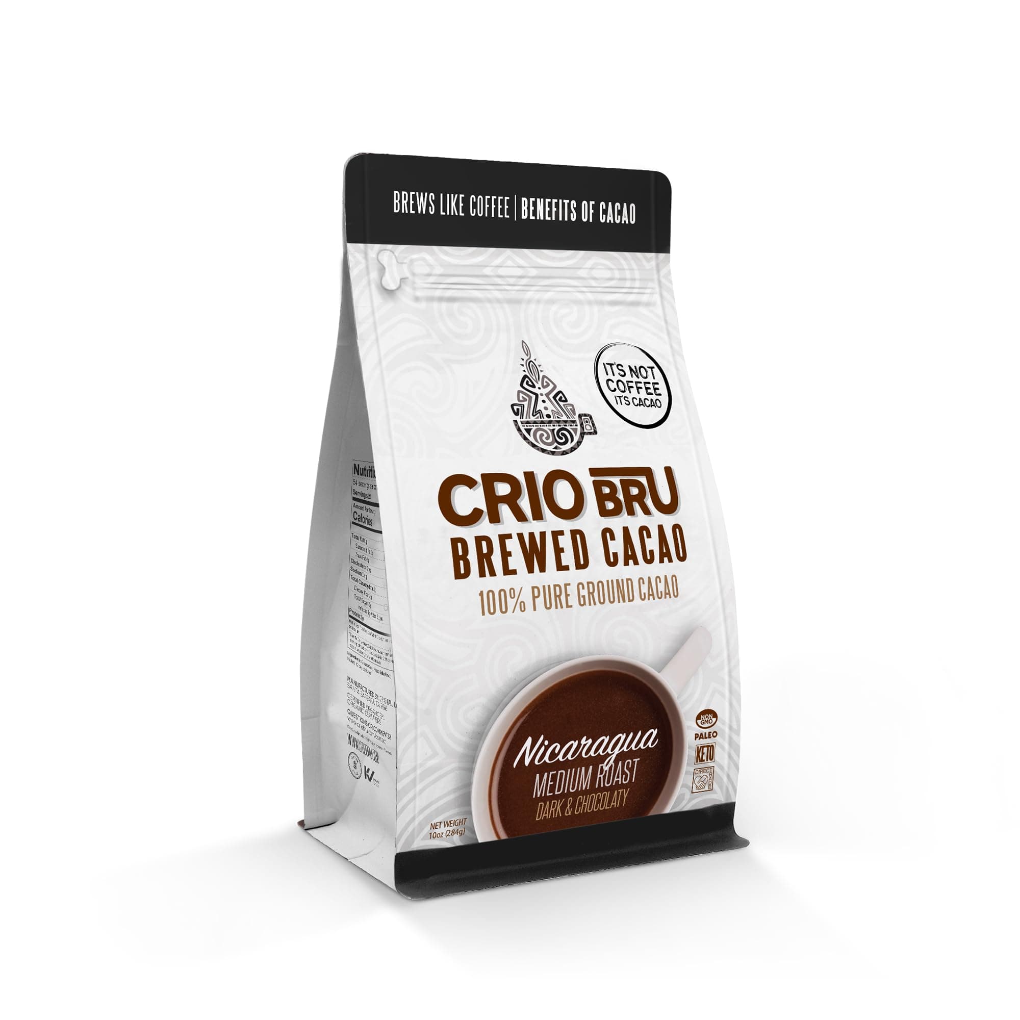 Crio Bru Brewed Cacao Nicaragua Medium Roast Coffee Alternative, 100% Pure Ground Cacao Beans, 99% Caffeine Free, Keto, Low Carb, Paleo, Non-GMO (10 Ounce (Pack of 1), Organic)
