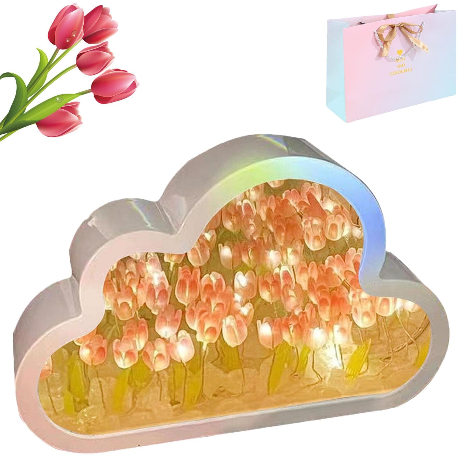 Alkyne Forever Cloud Mirror Tulips, DIY Tulip Night Light Cloud Tulip Mirror Night Light, Simulation Flower TableLamp (Pink)