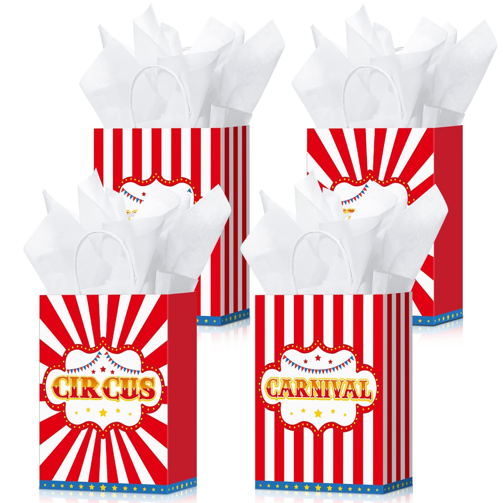 16 Pcs Carnival Bags with Tissue Paper - Red White Stripe Goodie Candy Bags for Circus Birthday Decoration Showman Theme Party Supplies