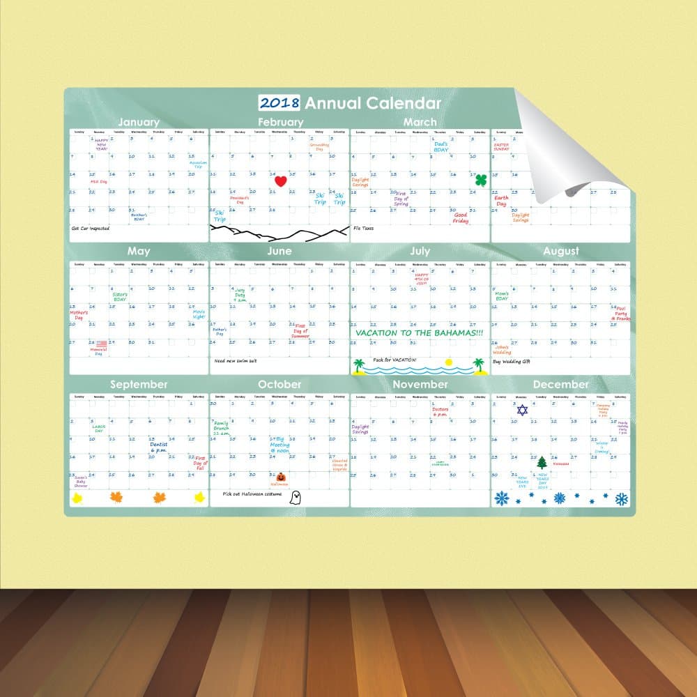 EveraseRe-Stic Dry Erase Self-Adhesive Peel & Stick Annual Calendar (36 x 48 in.) – Premium Removable Whiteboard Film, Marker & Cloth Included, Organizer for Walls, Doors, Desks, Refrigerators, No Residue, Easy Install