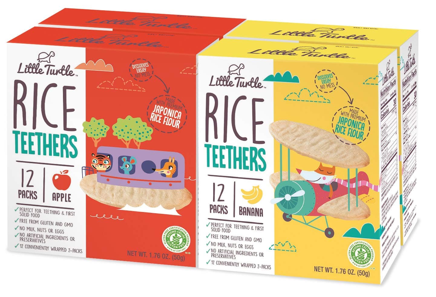 Little Turtle Rice Teethers Combo Pack, Apple & Banana Flavor, 12 wrapped 2 Pack, 4 Count