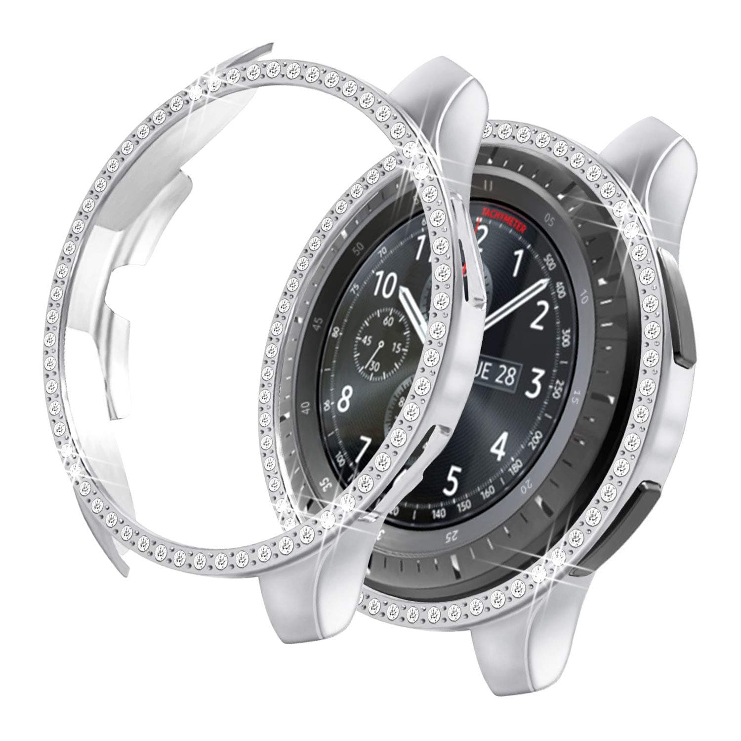 Compatible with Samsung Galaxy Watch 46mm (SM-R805) 2018 / (SM-R800) 2018, Bling Case Crystal Rhinestone Bumper Shell Protective Cover Shiny Diamond Cases Women Girl (46mm Silver)