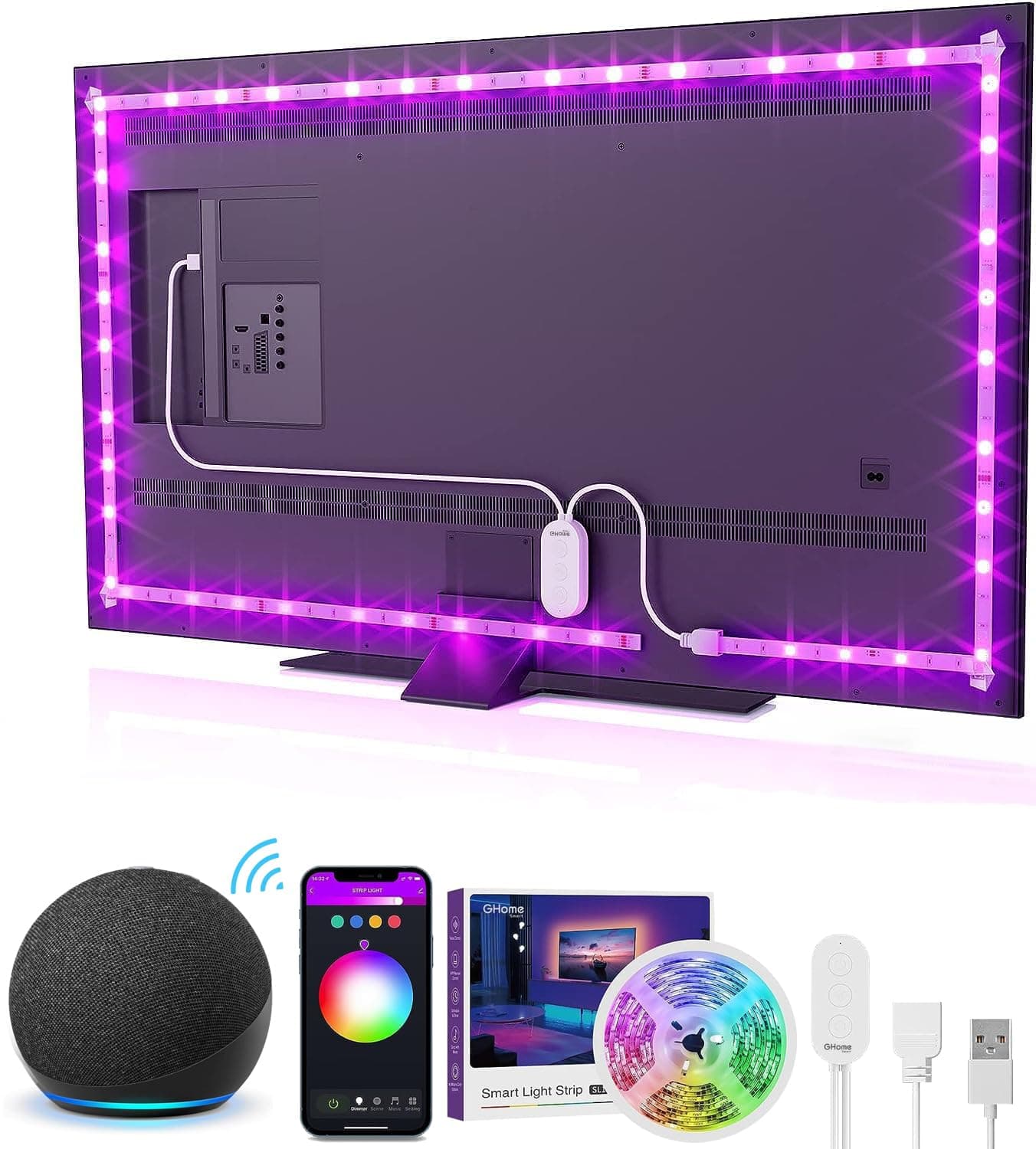 SL1TV LED Backlight, 9ft Smart Light Strip for Work with Alexa and Google Home, WiFi App_Go_sund_Control, Music Sync, 16 Million RGB Dimmable Light Strip