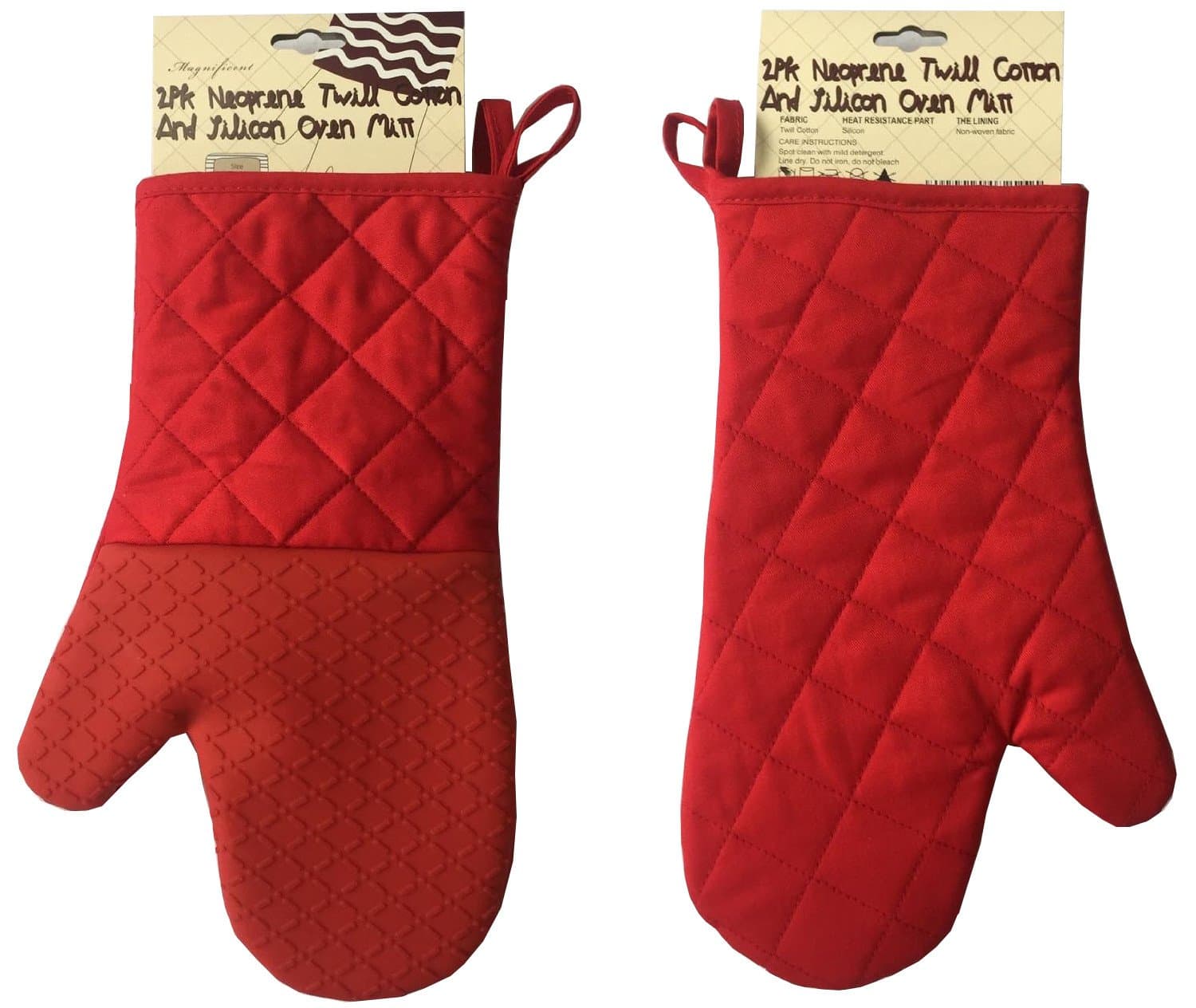 Magnificent Cotton Twill and Silicone Oven Mitts, Oven Glove, Kitchen Gloves, Non-Slip Silicone Grip, Heat Resistant - Red, 2 Right Hand Mitts