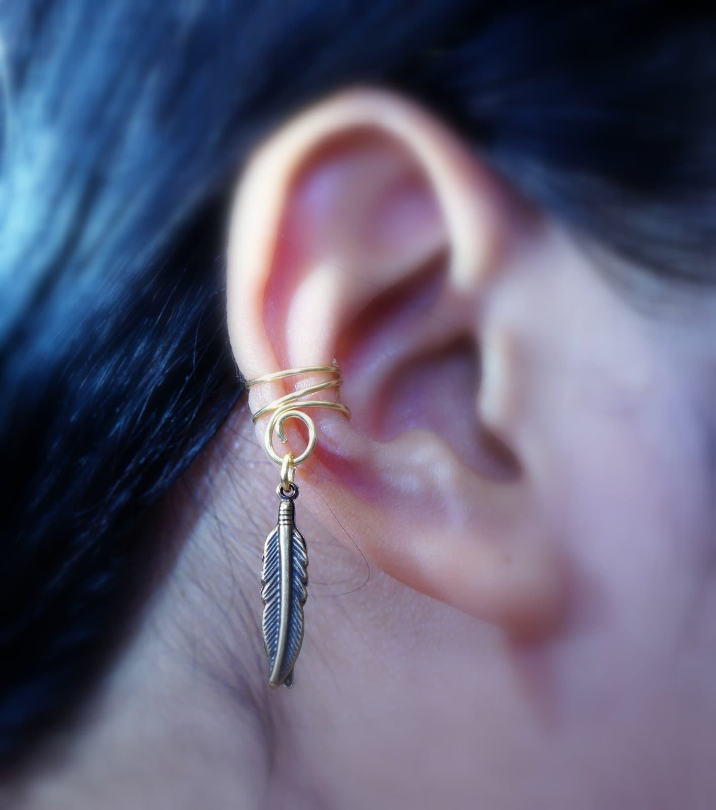 65) Ear Cuff:Double Little Bird Feather Ear Cuff *Antique Brass