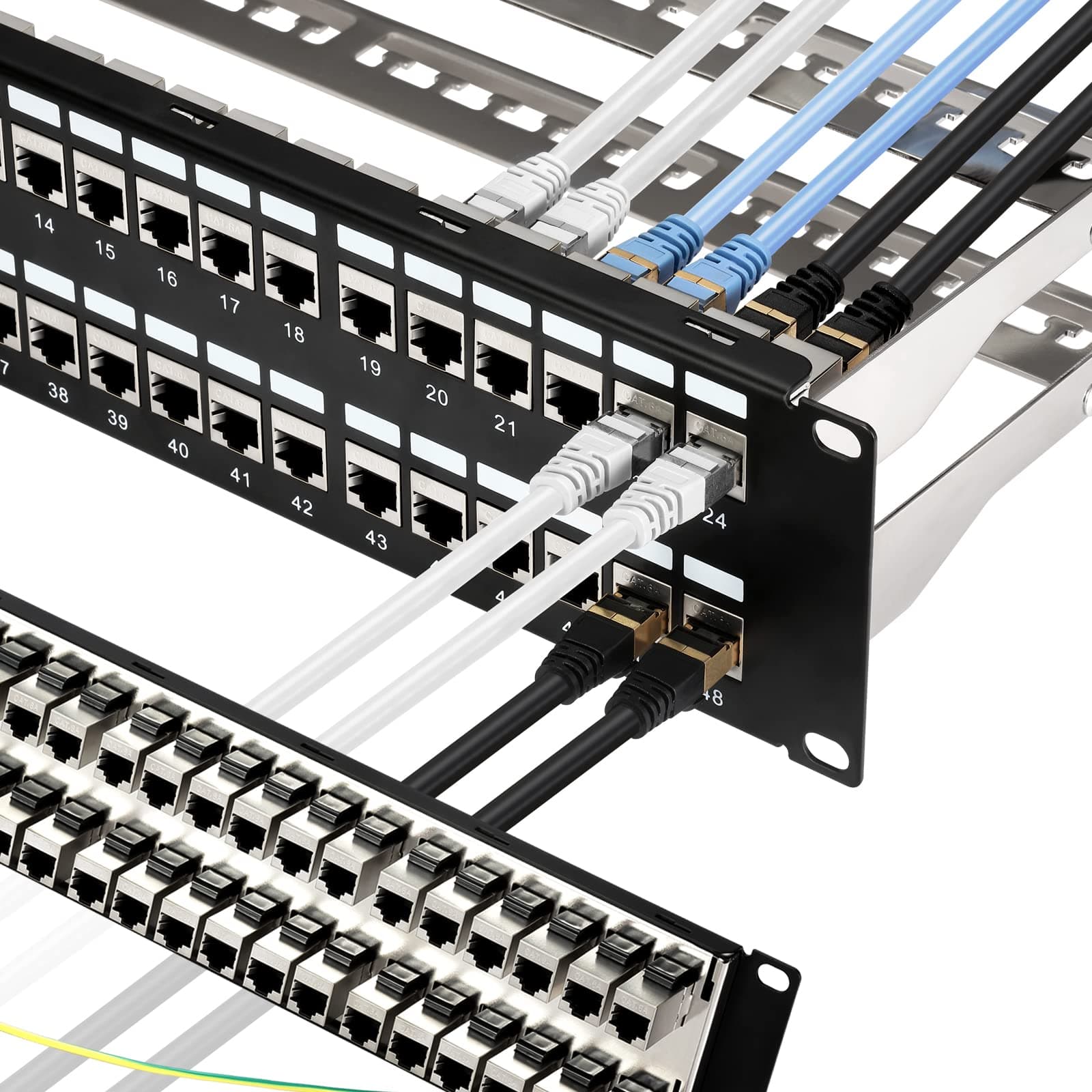 Rapink 48 Port Cat6A Patch Panel with Inline Keystone 10G Support, Shielded STP, 1U Network Patch Panel for Cat7, Cat6, Cat6A, Cat5e