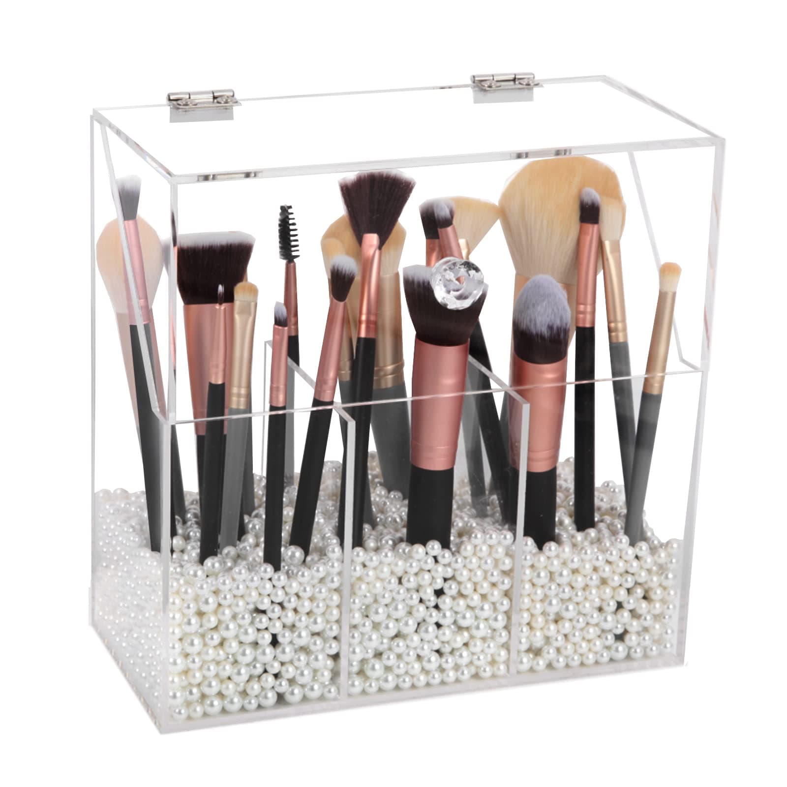 VevittsAcrylic Makeup Brush Holder, Clear Cosmetic Storage Box with 3 Brush Holders, Dust Cover, Large-Capacity Split Design for Organizing Vanity Desk