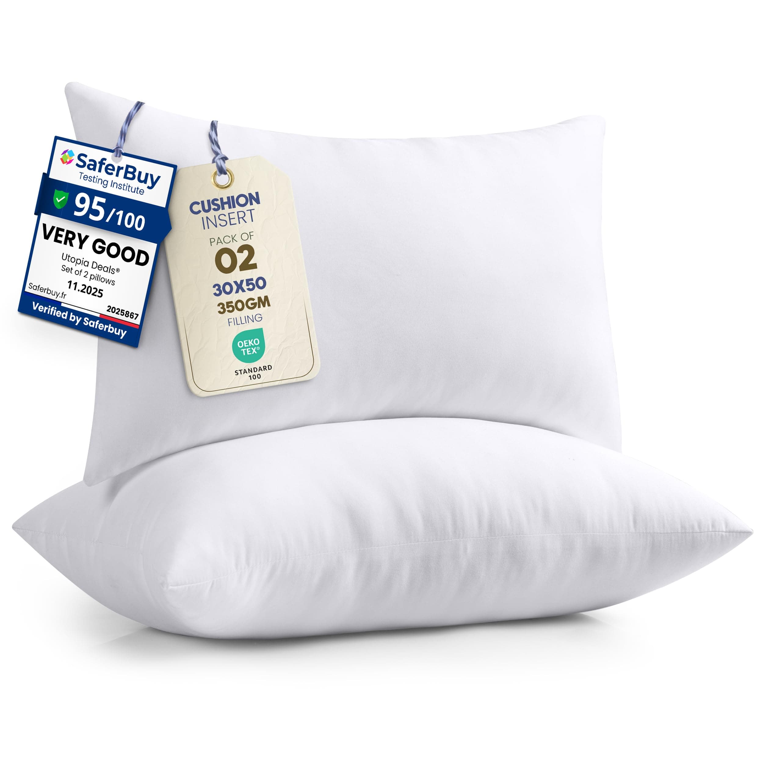 Utopia Bedding Cushion Inserts 30cm x 50cm (12x20 inch) Pack of 2 Hollowfibre Inner Pads for Sofa or Bed – White Cushions Fillers