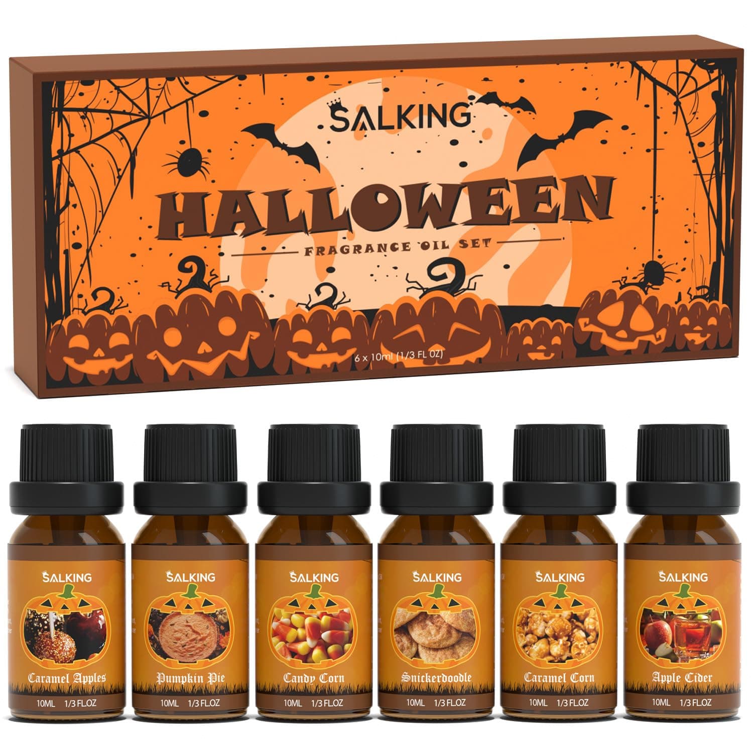 SALKING Halloween Fragrance Oils, Premium Essential Oils for Diffuser, Scented Oils Gift Set for Soap Candle Making - Pumpkin Pie,Caramel Apples,Candy Corn, Snickerdoodle, Caramel Corn, Apple Cider