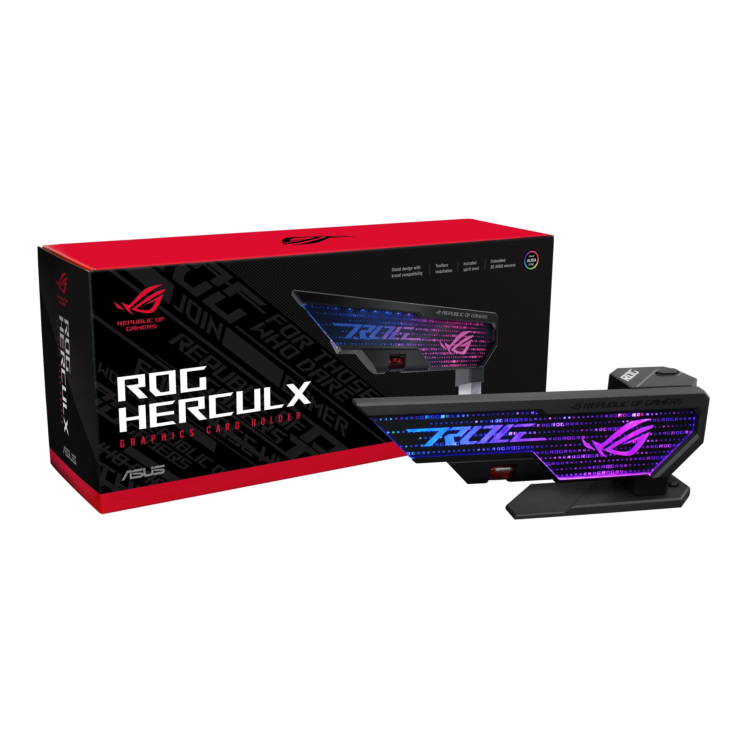 ASUS ROG Herculx DDR_dram pci_e Graphics Card Anti-Sag Holder Bracket (Solid Zinc Alloy Construction, Easy Installation, Included Spirit Level, Adjustable Height, Wide Compatibility, Aura Sync RGB)