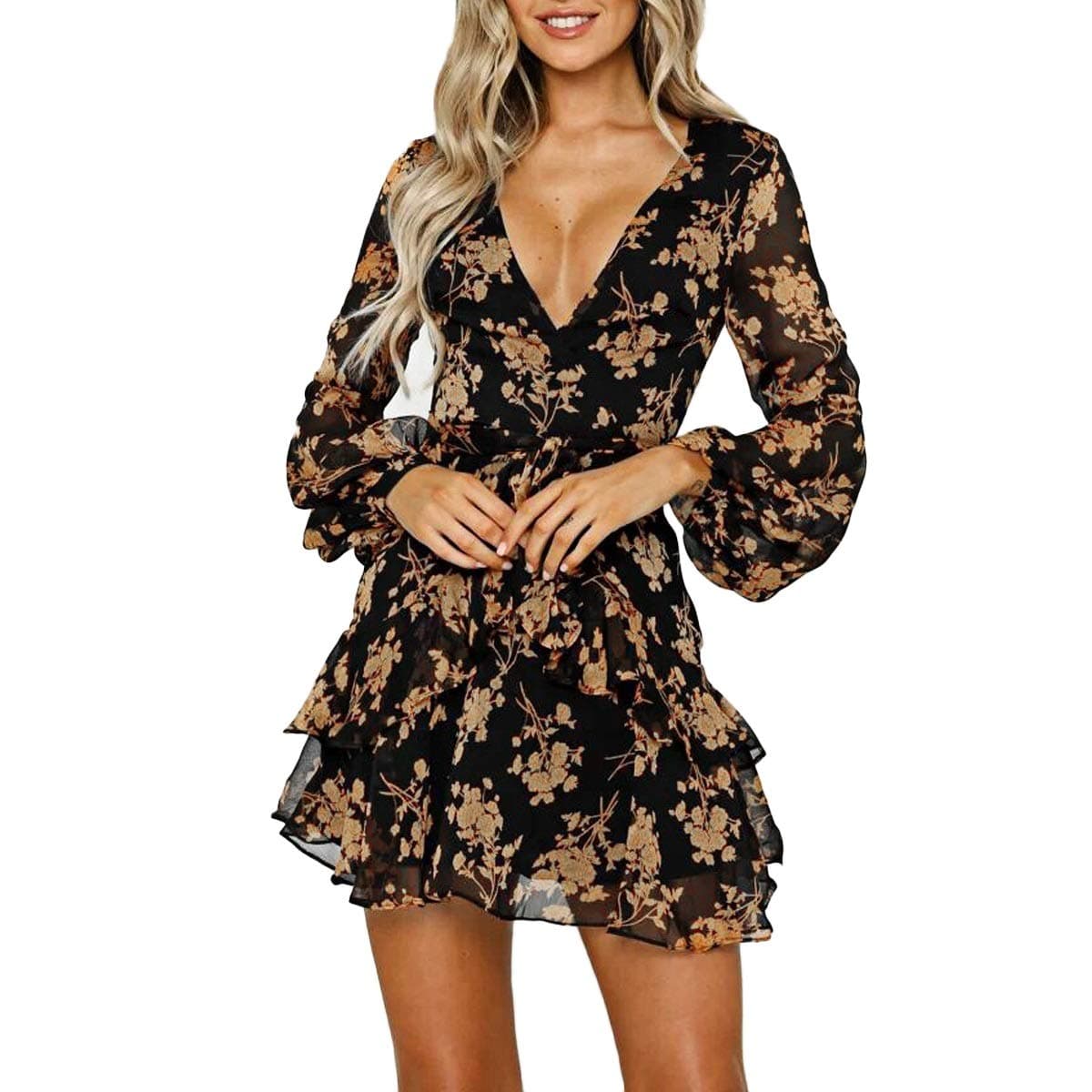 Womens Dresses Casual Floral Print Ruffles Wrap Dress Long Sleeve Swing Pleated Skater Mini Dress (Color : Yellow, Size :