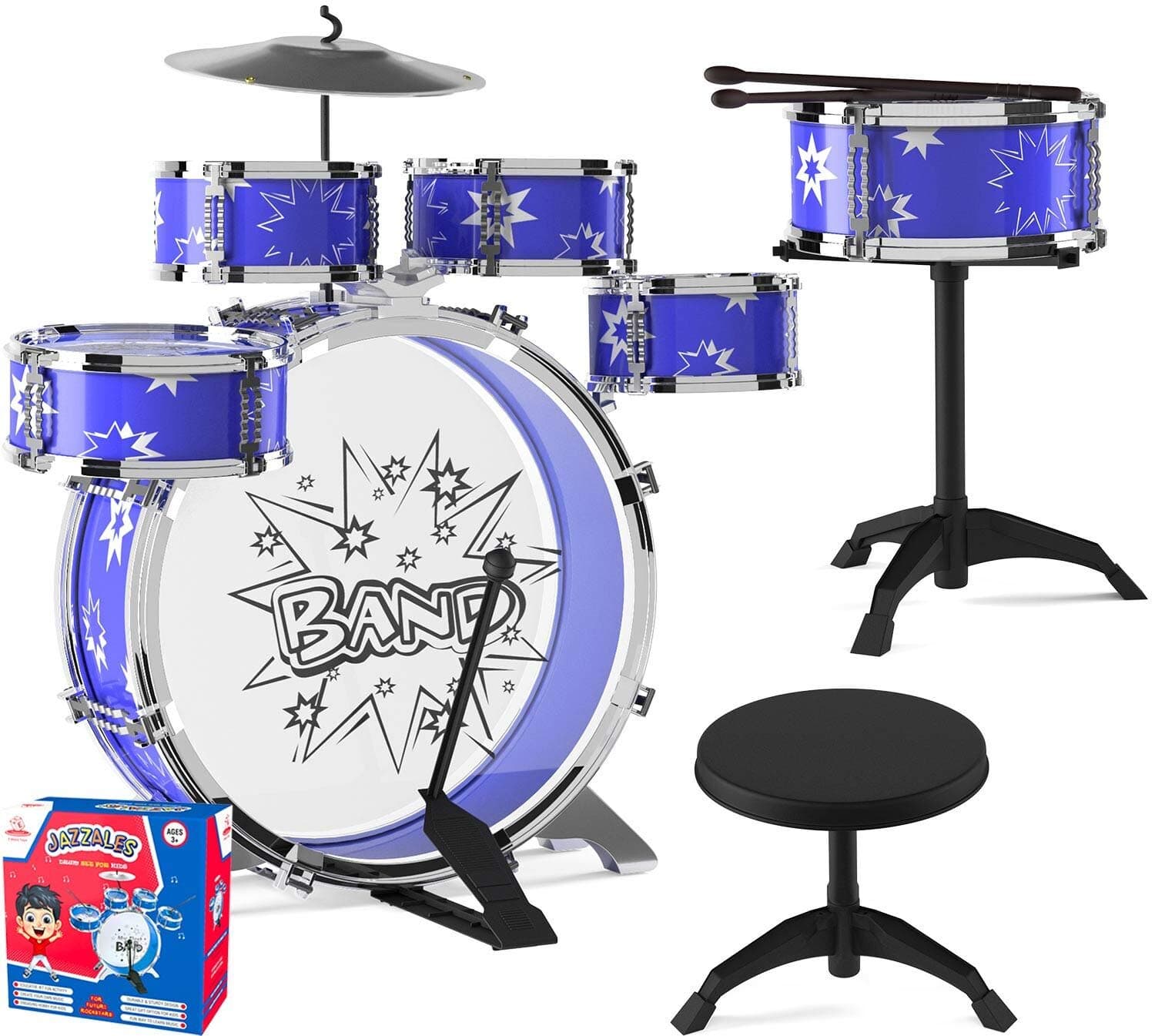 Kids Jazz Drum Set for Kids – 5 Drums, 2 Drumsticks, Kick Pedal, Cymbal Chair, Stool – Ideal Gift Toy for Kids, Teens, Boys & Girls - Stimulates Musical Talent Imagination and Creativity