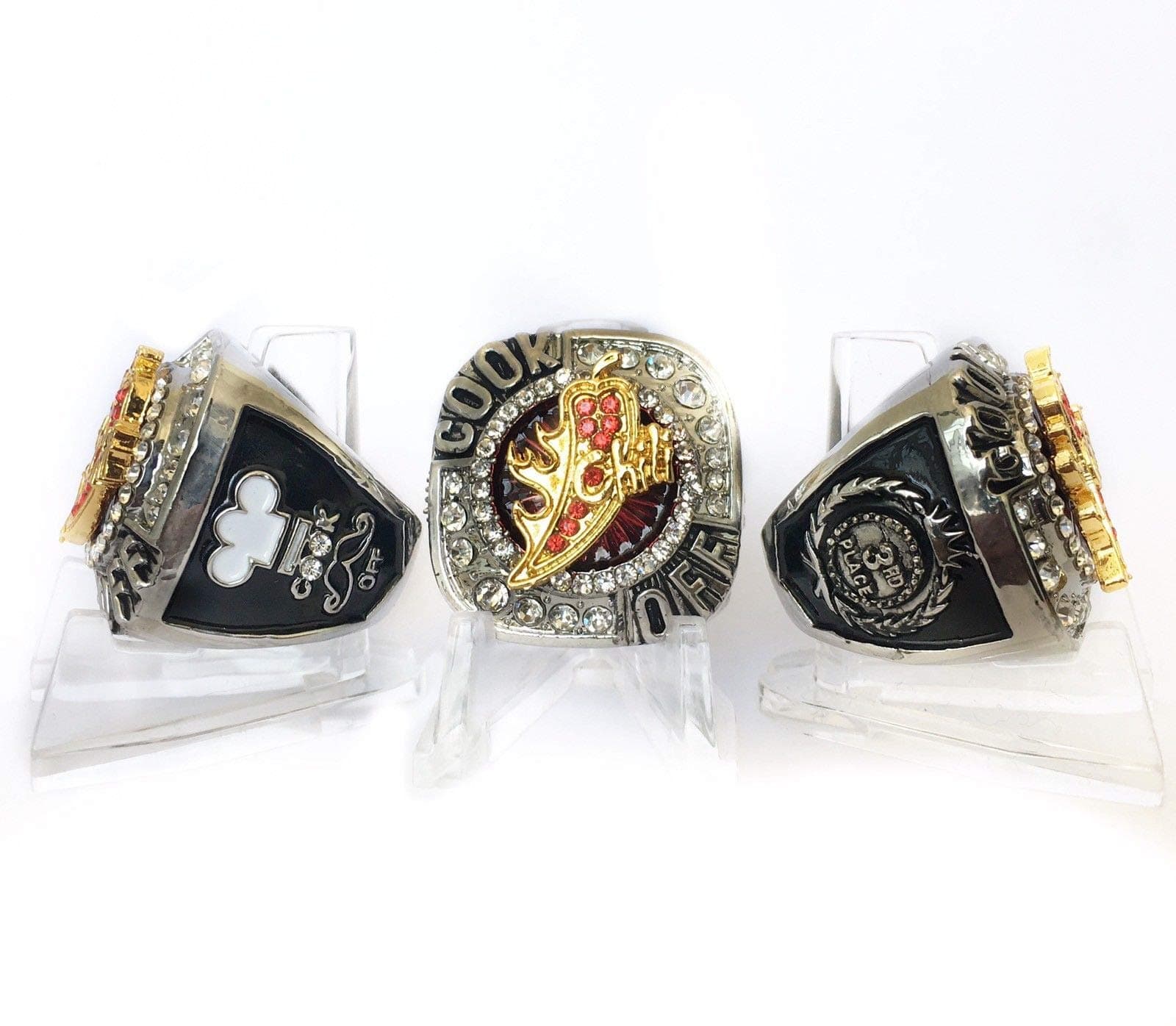 Legacy Rings Chili Cook Off Championship Trophy Ring 1st, 2nd, 3rd Place Medal Etched On Side | Chile Cook-Off | with Acrylic Display Stand