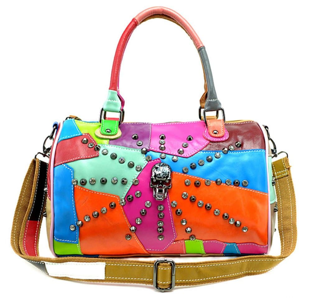 LQT Women's Fashion Retro Sheep Leather Special Rivert Skull Zipped Shoulder Bag Handbag Tote Cross-Body Bag Multicolour Genuine Leather Bag