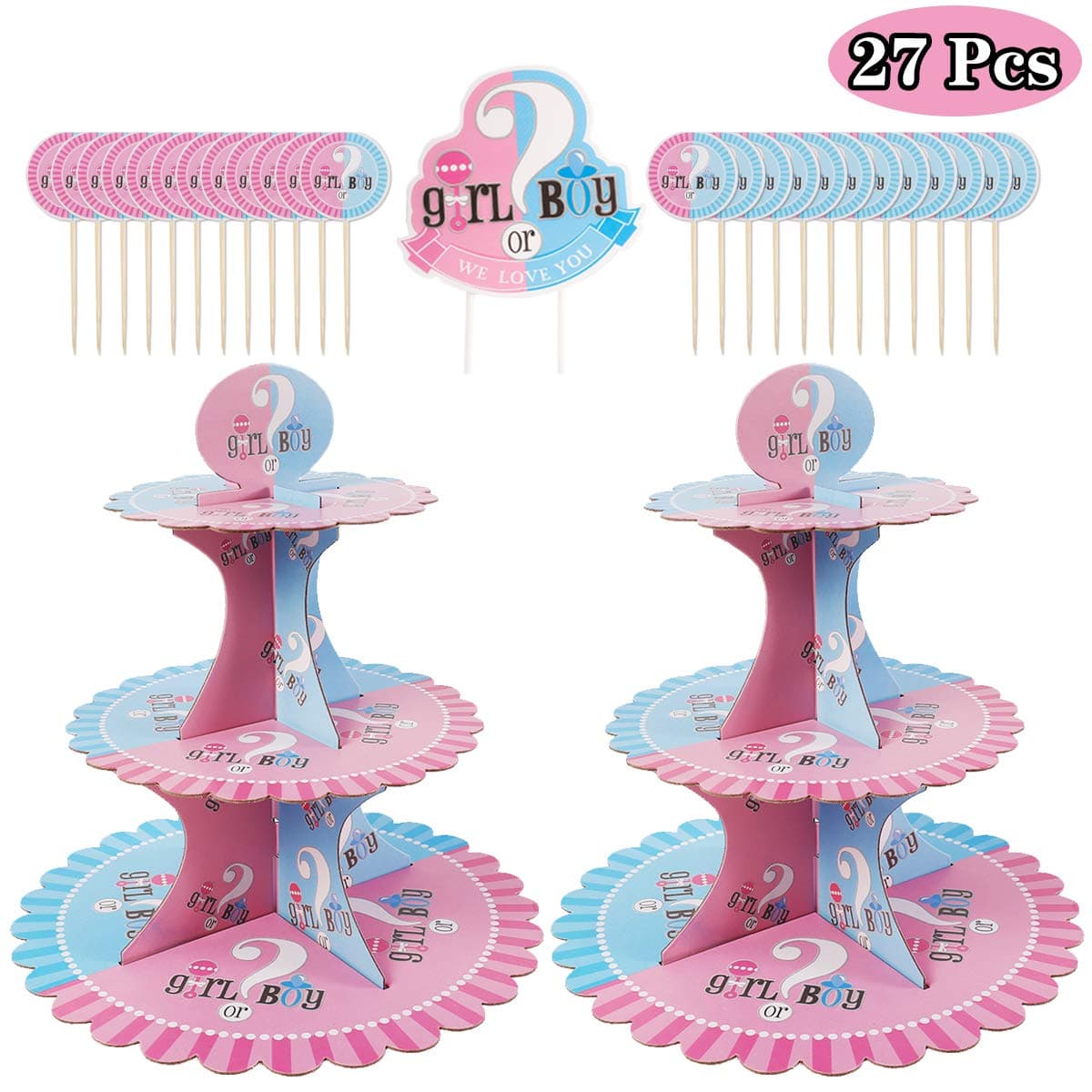 Gender Reveal Party Supplies Decorations - 27 Packs Baby Shower Cake Topper and Tower Set for Boys or Girls, Double Sided Food-Safe & Eco-Friendly Stand