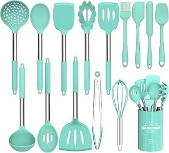Silicone Cooking Utensil Set, Umite Chef 15pcs Silicone Cooking Kitchen Utensils Set, Non-stick Heat Resistant - Best Kitchen Cookware with Stainless Steel Handle - Green(BPA Free, Non Toxic)