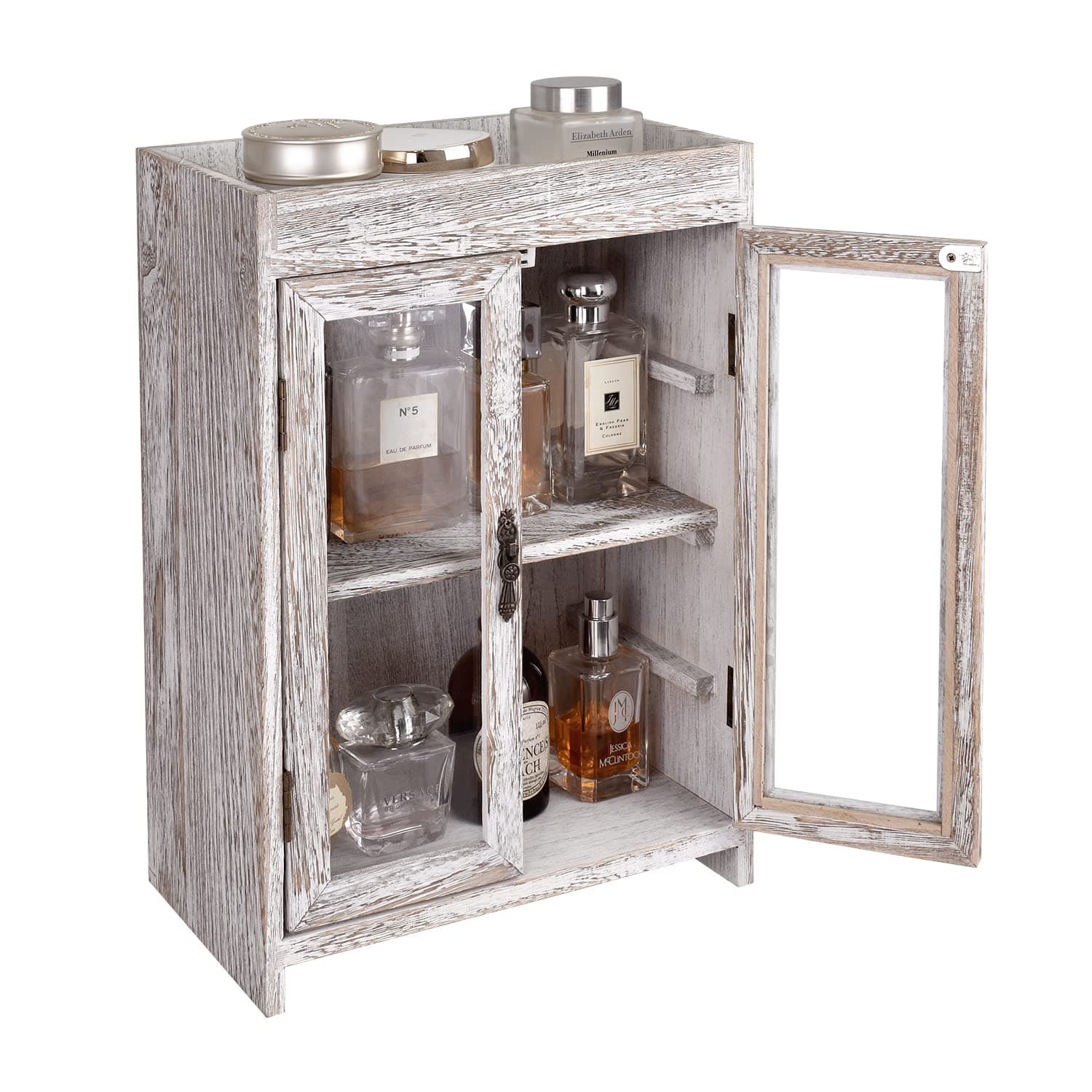 Ikee Design Wooden Countertop Storage Cabinet. Customizable Organizer with Adjustable Shelves, Glass Window Door and Removable Metal Hook. Perfect for Kitchen, Vanity, or Bathroom. Antique White