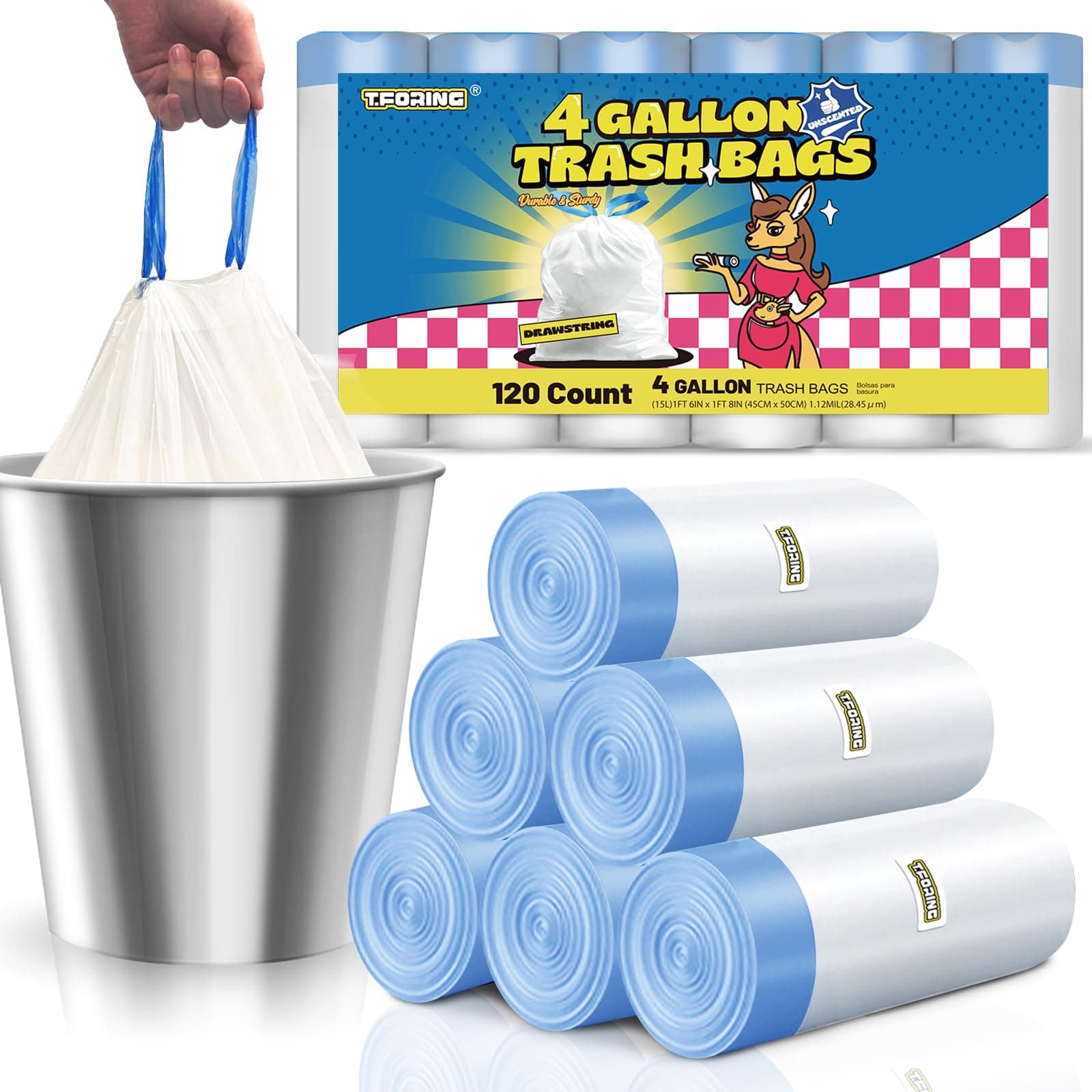 Small Trash Bags 4 Gallon with Drawstring, 1.1 Mil 15 Liter White Thick Unscented Small Plastic Garbage Bags for Bathroom, Wastebasket Liners for Toilet Home Office and Bedroom (4 Gal-120)