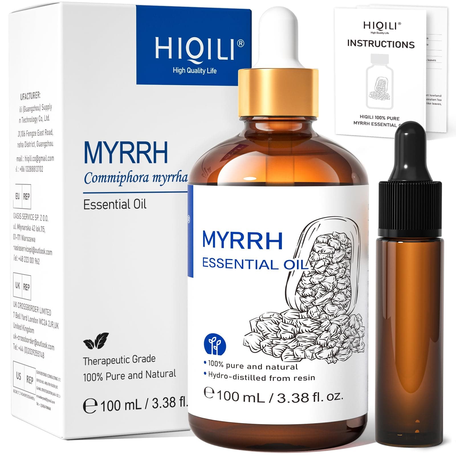 HIQILI Myrrh Essential Oil, 100% Pure Premium Quality Myrrh Oil for Diffuser, Bath - 3.38 Fl Oz