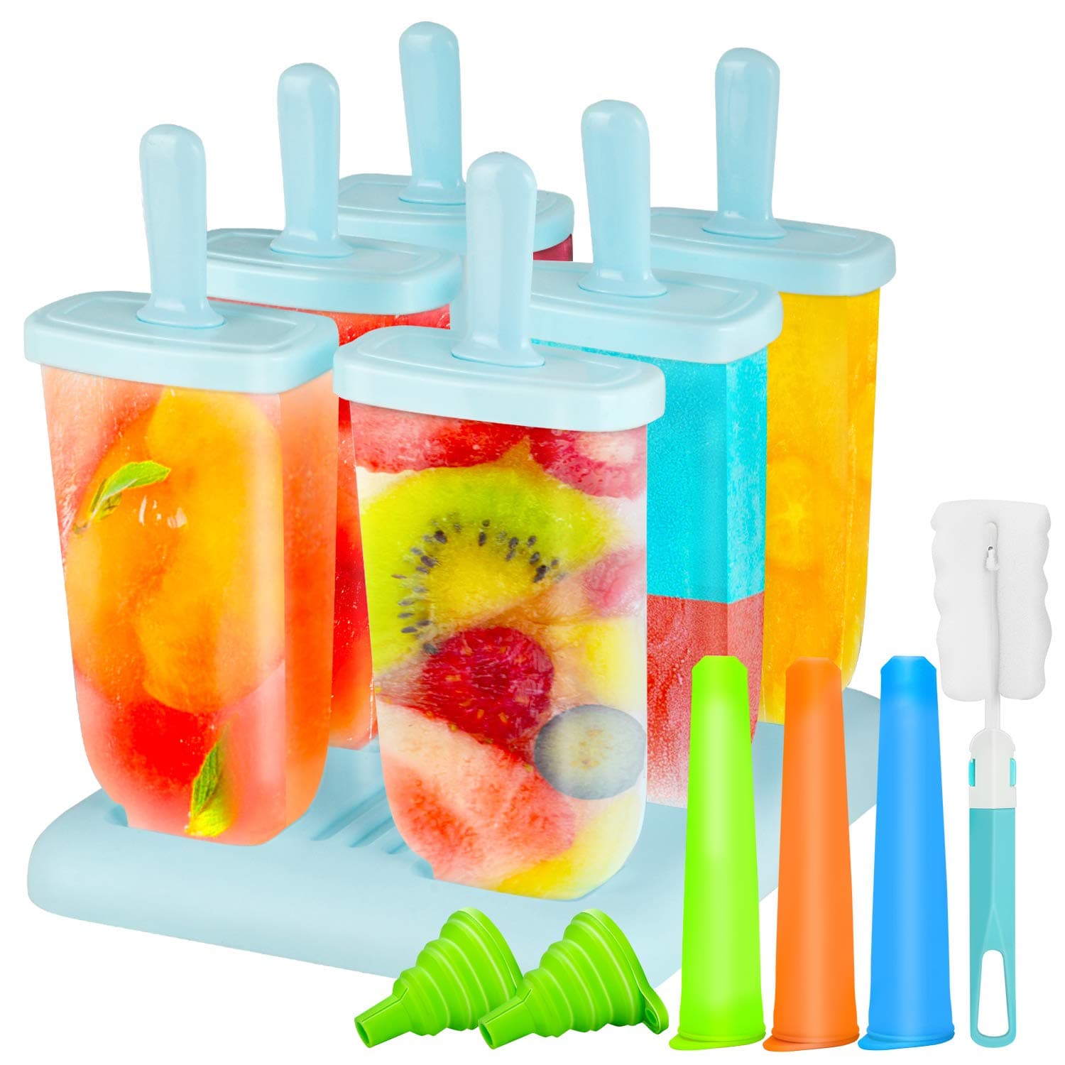 Ice Lolly Mould,Gifort Popsicle Mold, Ice Lolly Maker with Non-Spill Lid Cleaning Brush and Silicone Folding Funnel(9Pack)