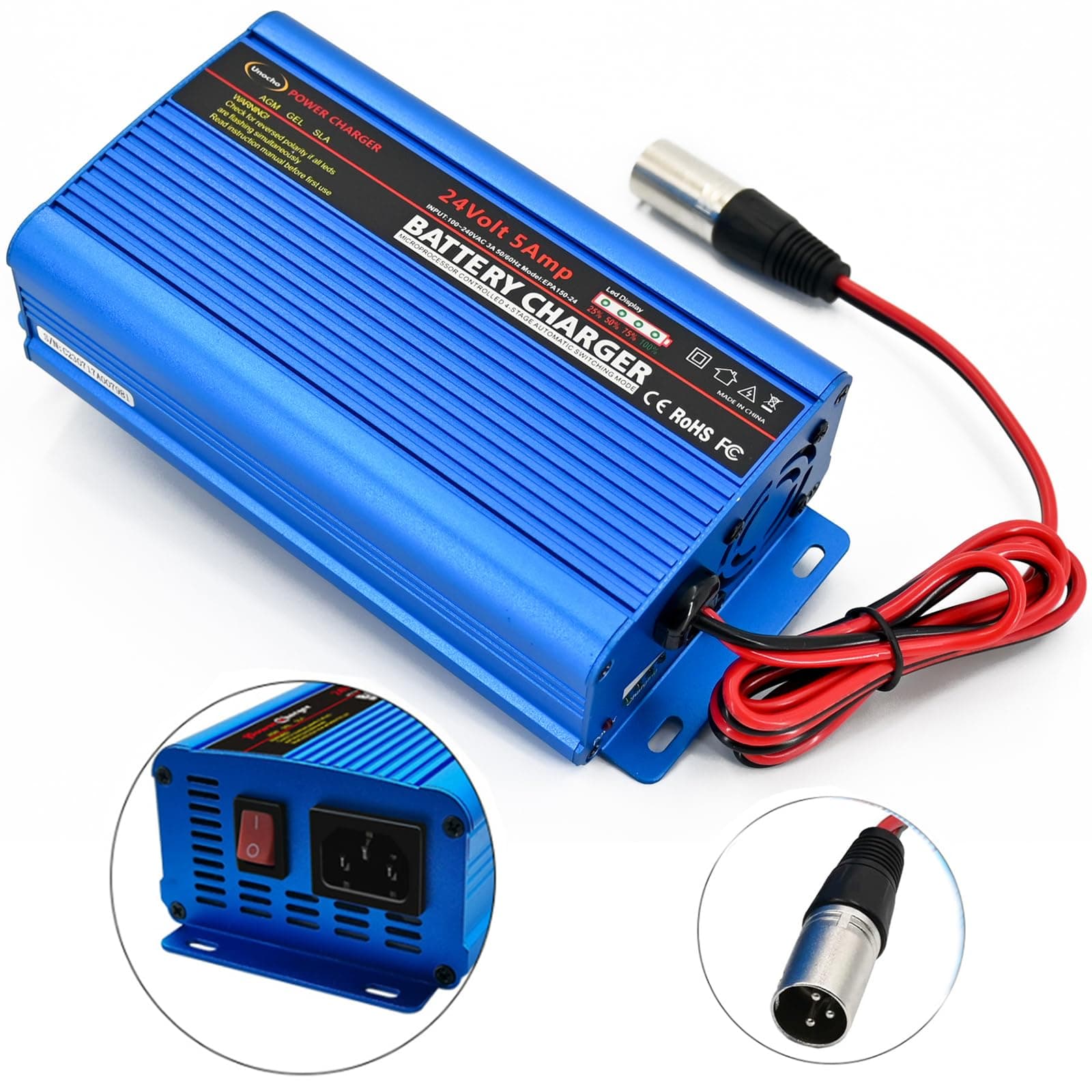 24V Battery Charger Automatic Smart Charger 5A trickle Charger and I/O Switch...