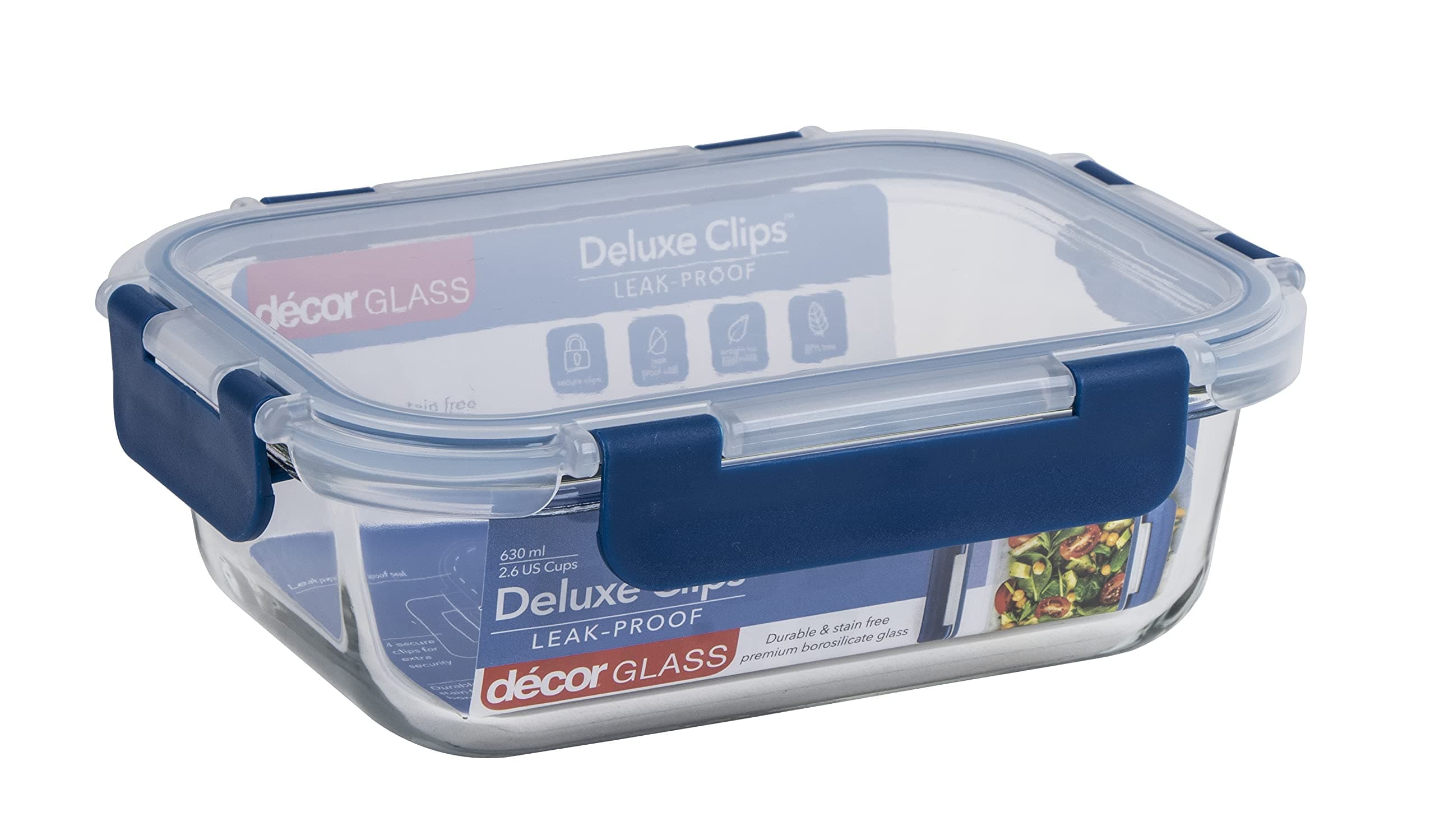 Deluxe Clips Glass Food Storage Container, BPA-Free Airtight & Leakproof Lid Storage Container, Dishwasher, Freezer & Microwave Safe, Odour Resistant Glass Jar, 630ml