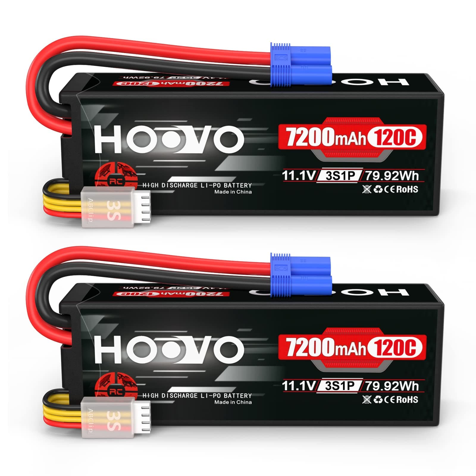 HOOVO 11.1V 120C 7200mAh 3S Lipo Battery Hard Case with EC5 Connector Compatible for RC Car Truck Buggy RC Boat Tracxas LOSI Associated Racing Hobby RC Airplane UAV Drone (2 Packs)