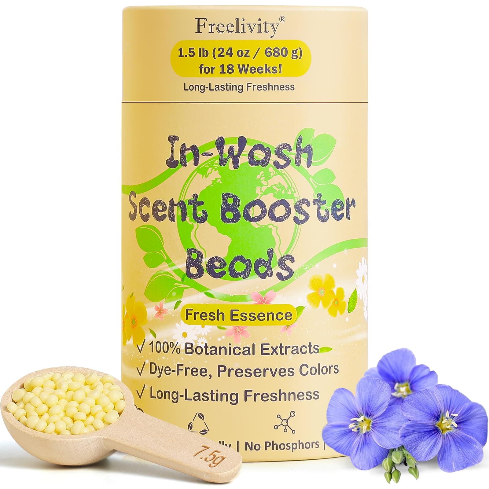 Freelivity In‑Wash Scent Booster Beads – Fresh Essence Scent, Laundry Beads fabric softener, 24 oz – Lasts Up to 70 Washing Cycles – Eco‑Friendly & Safe for Babies and Kids