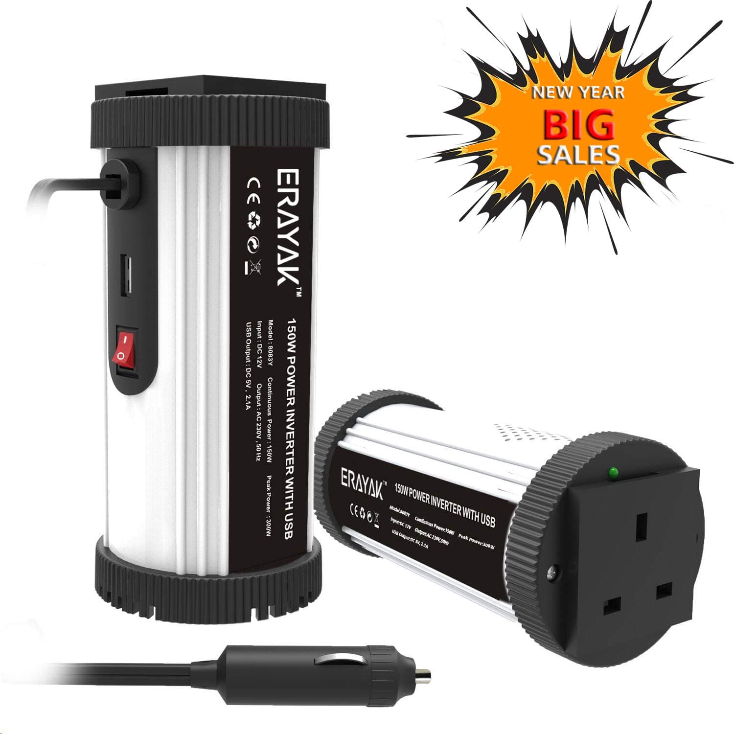 ERAYAK 150W Power Inverter TUV Certified, DC12V to AC 240V Peak 300W Car Converter with UK Outlets, 2.1A USB Ports