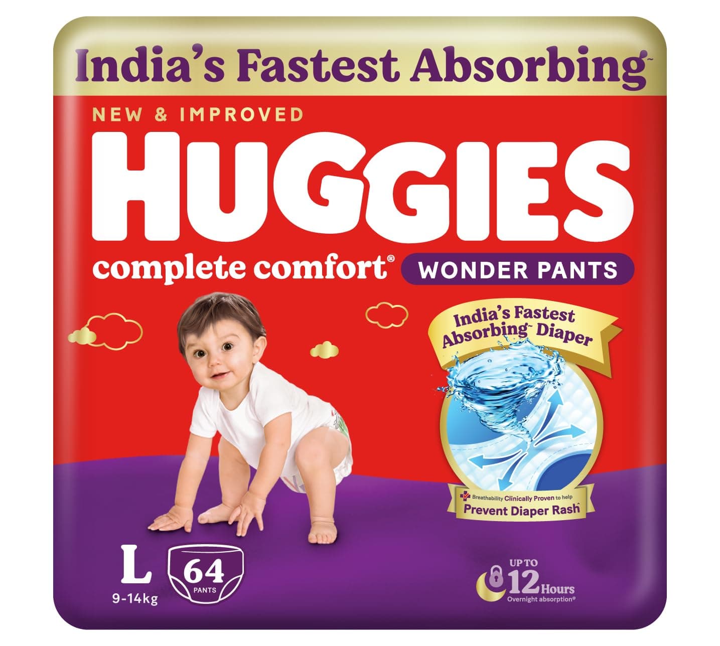 Huggies Complete Comfort Wonder Pants | Pant Style Baby Diapers Large Size (L), 64 Count | India's Fastest Absorbing Diaper, Prevents Diaper Rash, Ideal for 9 to 14 Kgs