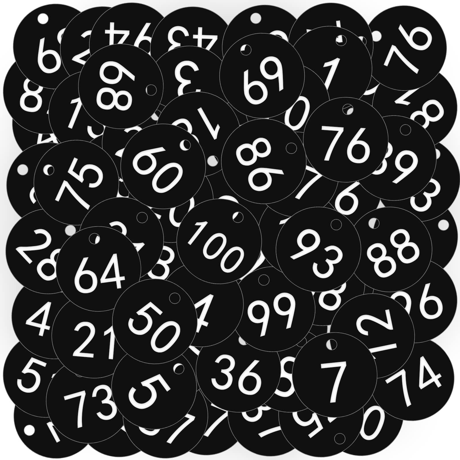 OFFCUP Plastic Number Tags, 100pcs Engraved Numbered Tags, ID Discs for Hotel Mailbox Gym School Office (1-100 Black)